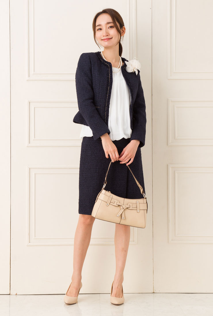 スーツ レディース ◆【DEALポイントバック】【SALE50】【7〜15号】【アナウンサー着用】カラーミックスツイードノーカラースーツ（ジャケット＆スカート ）[st][ フォーマル 入学式 卒業式 七五三 母 ママ 春 秋 冬 ]■メール便不可■[hw]