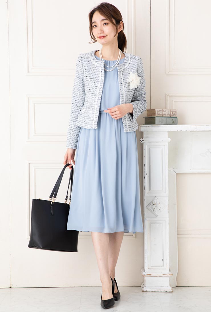 ＼エントリー19倍／7号 Sサイズ スーツ レディース セレモニースーツ 入学式 ママスーツ 卒業式 ◆【SALE50】 【5〜15号】カラーMIXツイード×シフォンジョーゼット2点セットスーツ(ジャケット＆ワンピース)[st][hw]