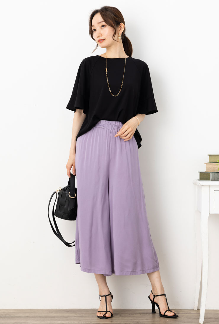 パンツ レディース ワイドパンツ 涼しい 大きいサイズ ボトムス 夏 秋 春 ◆ 【旧商品】【SALE50】【メール便 送料無料12】【M〜LL】レーヨン100％ 接触冷感 無地 ワイドパンツ(ウエストゴム)(編みベルト付き)【エコ包装】[pt][ オフィス カジュアル ひんやり ][at] iservice-10014292 リオマル サンプル画像3