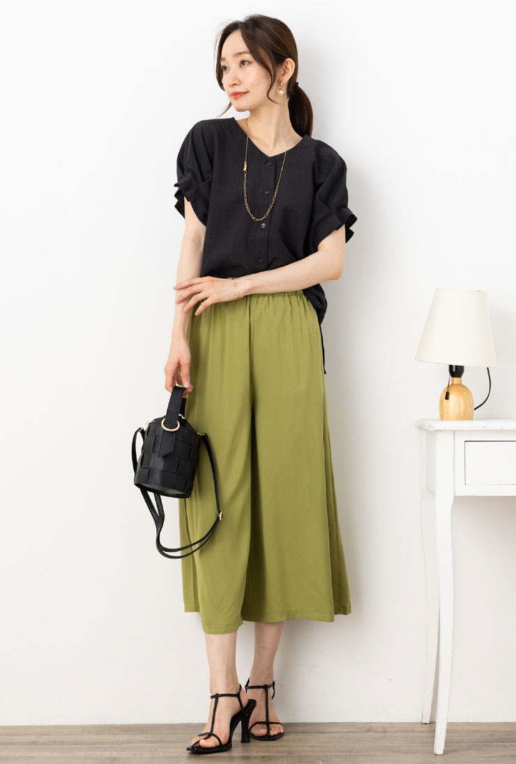 パンツ レディース ワイドパンツ 涼しい 大きいサイズ ボトムス 夏 秋 春 ◆ 【旧商品】【SALE50】【メール便 送料無料12】【M〜LL】レーヨン100％ 接触冷感 無地 ワイドパンツ(ウエストゴム)(編みベルト付き)【エコ包装】[pt][ オフィス カジュアル ひんやり ][at] iservice-10014292 リオマル サンプル画像2
