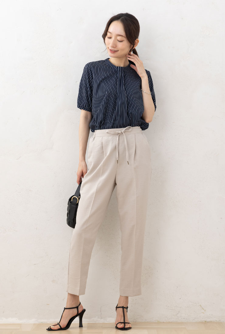ブラウス オフィス 半袖 トップス 春夏秋 ◆【SALE50】【メール便 送料無料06】デシン 裏地 スムース ボウタイ 風 五分袖 ブラウス（無地/ドット/ストライプ/幾何）【エコ包装】[bl][ オフィスカジュアル シャツ ママ 大きいサイズ 春 夏 きれいめ 裏地カットソー ][lf] iservice-10014395 リオマル サンプル画像3