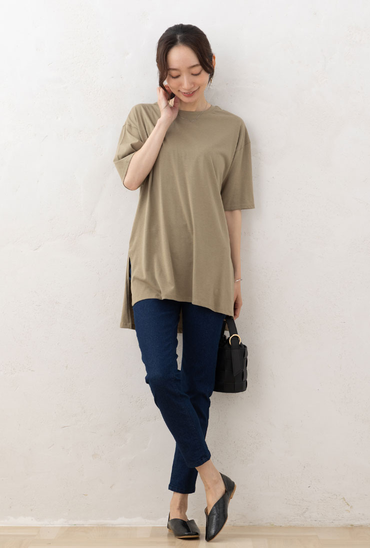 ロング Tシャツ カットソー 半袖 レディース トップス 春 夏 秋◆ 【メール便 送料無料06】【M〜LL】オーガニック コットン 混本体 綿100％ 天竺 エブラク 前後差 スリット チュニック 半袖 Tシャツ【エコ包装】[cs]][ オフィスカジュアル 春 夏 秋 大きめ ロンT ][rc]