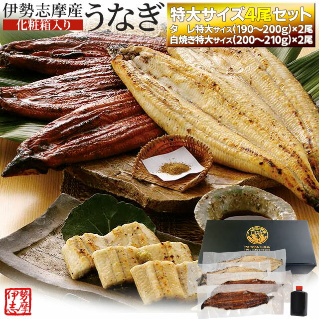 うなぎ セット 伊勢志摩産 特大サイズ4尾（たれ2尾 白焼き2尾） たれ付 送料無料 国産 ウナギ 鰻 蒲焼き 丑の日 個包装 冷凍 化粧箱入 お年賀 ギフト