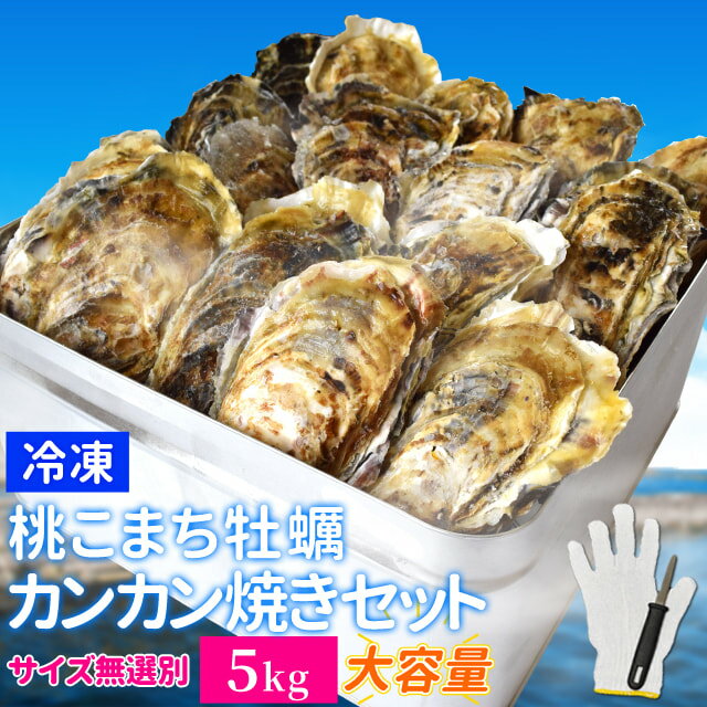 牡蠣 牡蠣 カンカン焼き セット サイズ無選別 5kg（60個前後入） 冷凍牡蠣 送料無料 桃こまち 鳥羽産 中缶入（牡蠣ナイフ・片手用軍手付き）殻付き牡蠣 一斗缶 海鮮バーベキューセット 旬凍桃こまち