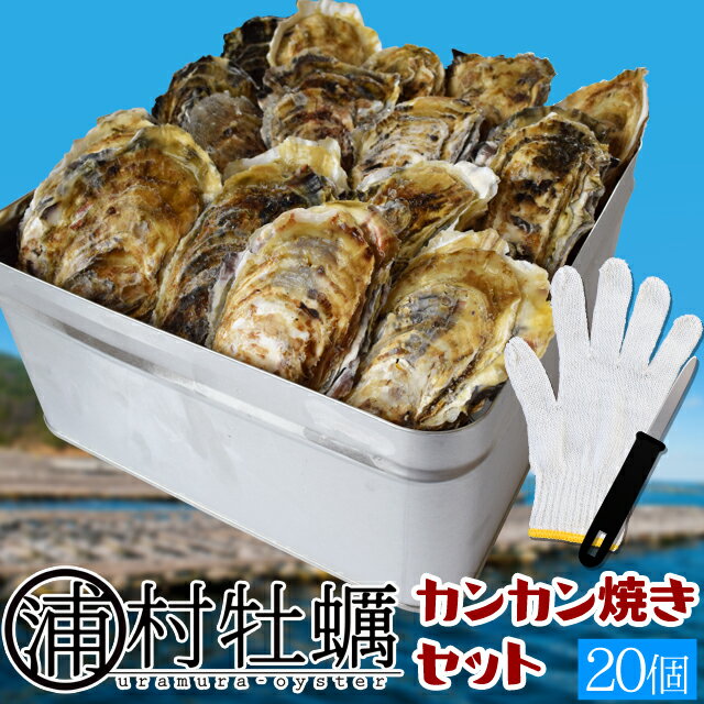 牡蠣 殻付き カンカン焼きセット20個入（2．5kg前後）鳥羽浦村産 ミニ缶入り 送料無料（牡蛎ナイフ・片手用軍手付）カキ かき 1斗缶