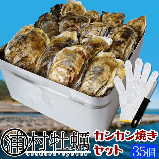 牡蠣 殻付き カンカン焼きセット35個入（4kg前後） ミニ缶入 送料無料 鳥羽浦村産（牡蛎ナイフ・片手用軍手付）カキ かき 1斗缶