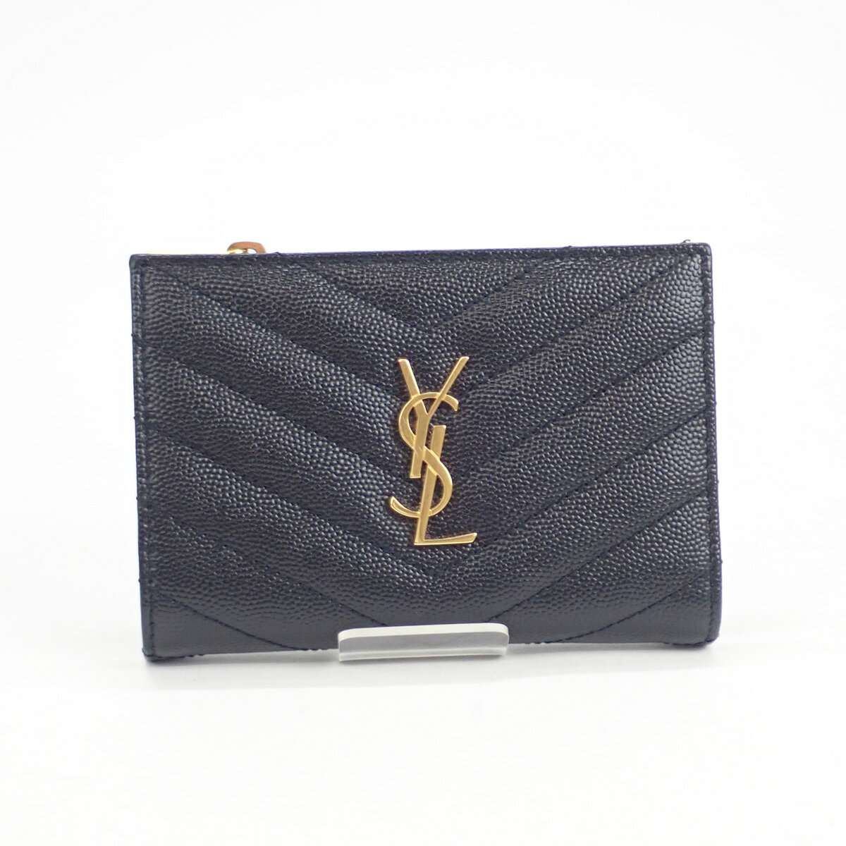 【中古】【Aランク】SAINT LAURENT サンローラン ジップウォレット モノグラム グレイン・ド・プードル エンボス 二つ折り財布 575974BOW011000 ブラック