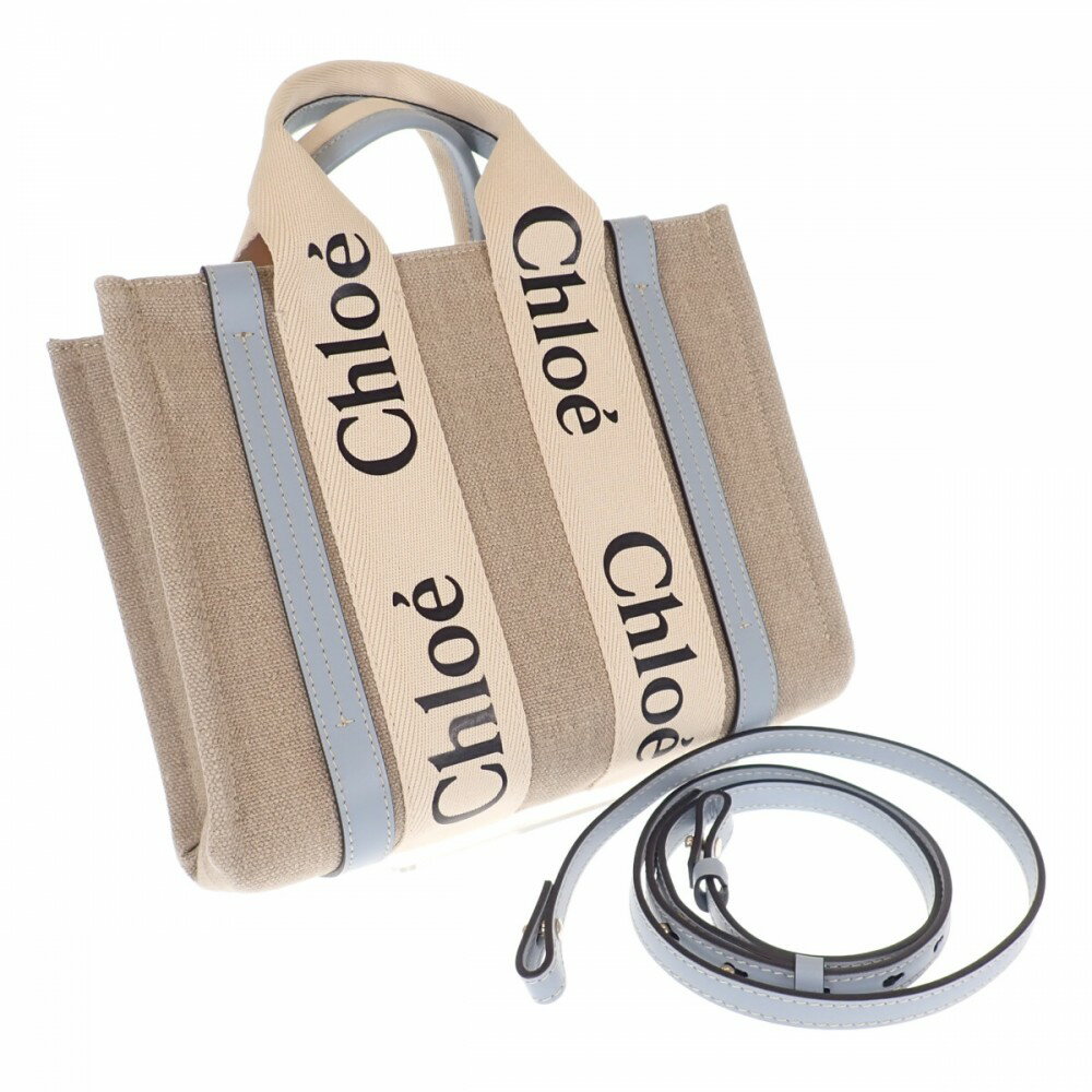 【中古】【Aランク】クロエ Chloe woodyスモールトート CHC22AS397I2691K 2WAYバッグ ショルダーバッグ カーフ リネンキャンバス ベージュ ブルー レディース【ISEYA】
