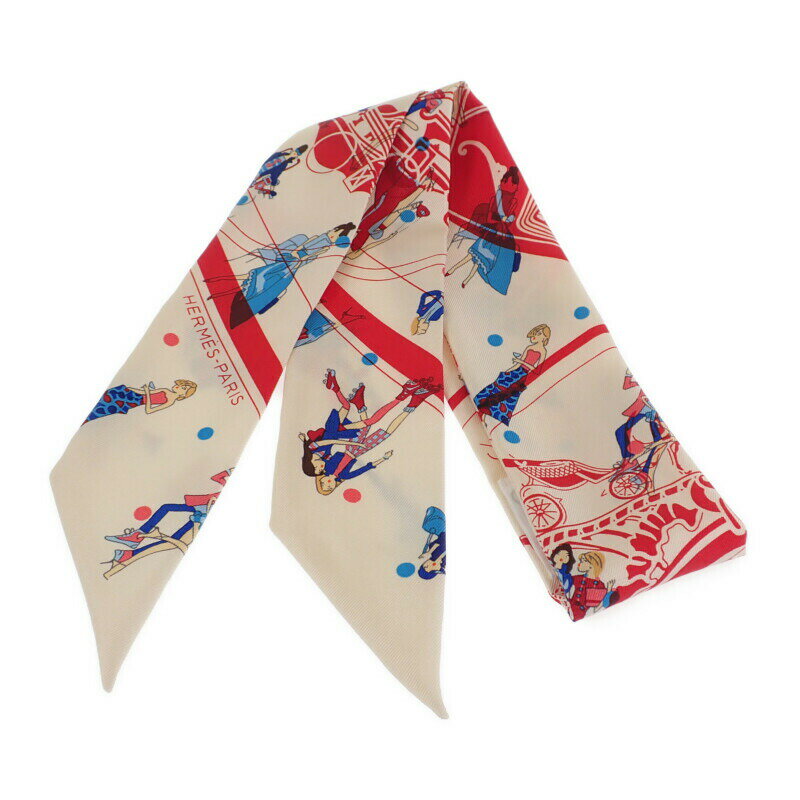 【中古】エルメス HERMES ツイリー エクスリブリス パリジェンヌ スカーフ シルク アイボリー レッド レディース【ABランク】