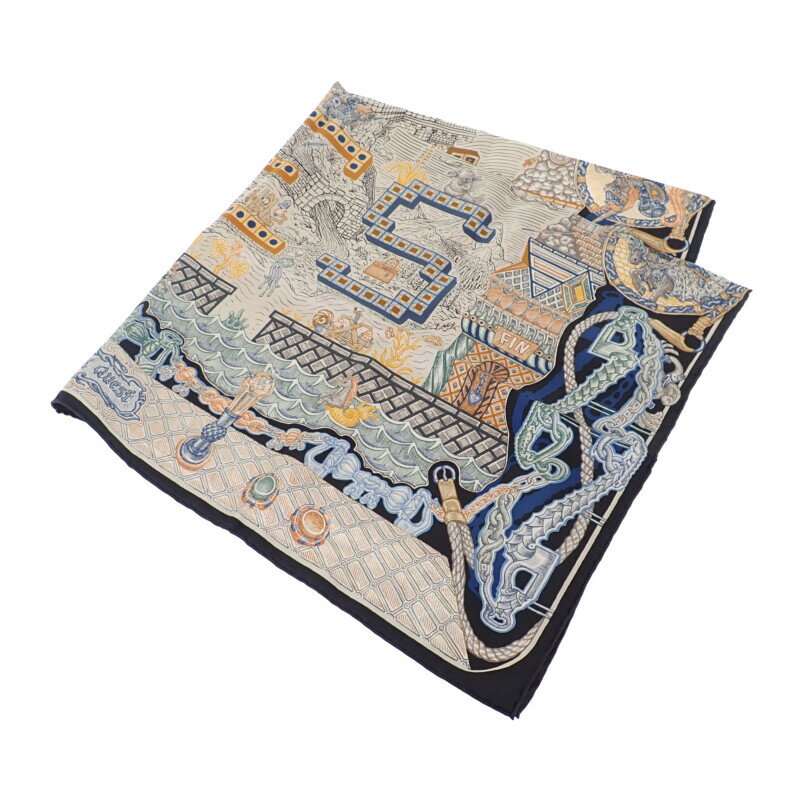 【中古】エルメス HERMES カレ90 SUPER SILK QUEST スーパー・シルク・クエスト スカーフ 大判 シルク ブラック アイボリー レディース ユニセックス【Sランク】
