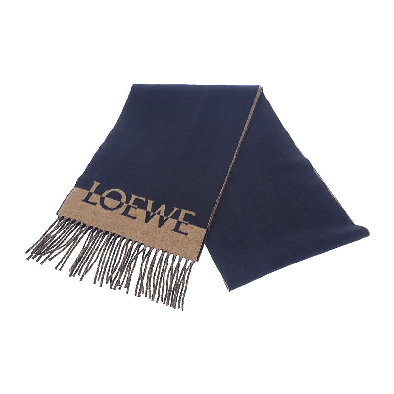 ロエベ LOEWE ロゴスカーフ マフラー ウール フリンジ カシミヤ ネイビー 紺 ブラウン 秋冬 ファッション小物 美品 ギフト レディース メンズ ユニセ...