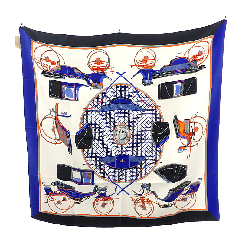 エルメス HERMES カレ90 スカーフ シルク ブラック 黒 ホワイト 白 レディース 馬車【中古】【Sランク】