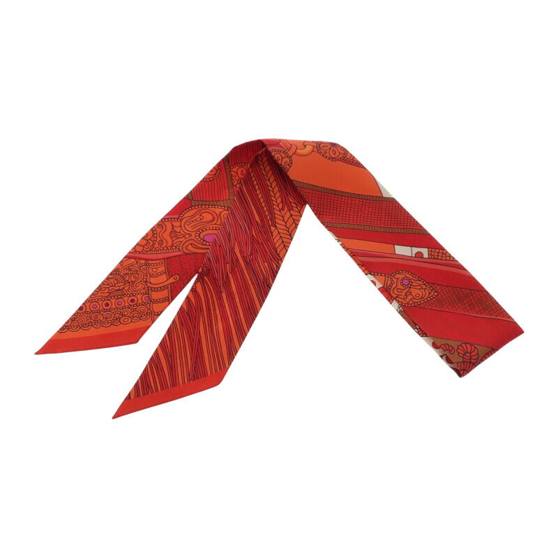 エルメス HERMES ツイリー SELLE DE DIGNITAIRE 高官の鞍 スカーフ シルク オレンジ レッド 馬具 ファッション小物 箱付 赤 オールシーズン レディース【中古】【ABランク】