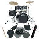 TAMA コンパクト・ドラムセット+サイレントパック ●入門用、練習用のエントリークラスのTAMAのシンバル付きドラムセット「IMPERIALSTAR」に、自宅練習用に適した静粛性が得られる純正サイレントパックをセット。さらに演奏で使うドラムスティック、スティックを入れておくバッグ付きです。 ●IP58H6RCは、18インチのバスドラムを採用したコンパクトなキットです。 セット内容 1.TAMA IP58H6RC-HBK（ドラムセット・コンパクトサイズ） 2.TAMA SPP518CN（サイレントパック） 3.TAMA ドラムスティック 4.TAMA STB10（スティックバッグ） 主な特長 ●『これからドラムを始める方に、使いやすく、耐久性に優れたドラムセットを提供すること』。そのために、これまで培ってきたドラム生産や開発のノウハウを詰め込み、かつエントリークラスのセットとしてお求めやすい価格を実現したのが、このImperialstarです。 ●設置スペースの限られるような場所でもセッティング可能な、18"口径のバスドラムをベースとし、音程の高低さをより明瞭に付けられる10"と 12"口径のタムタムに、 14"口径のフロアタムという組み合わせです。 ●スタンダードな 22"口径のバスドラムと比較して、タムの高さをより低くしてセットアップ可能で、付属のスネアスタンドもバスドラムのサイズに合わせてスネアをより低くセット出来るロー・ポジションタイプを採用していますので、身長が高くないプレイヤーにも適しています。 ●シンバルはTAMAオリジナルのエントリー・グレードのブラスシンバルが付属（クラッシュ、ライド、ハイハットをパッケージしています）。 ●ダブルレッグ仕様で安定したセットアップを提供する StageMaster シリーズハードウェア、 HP200Pドラムペダル、 HT25ドラムスローンを含むオールインワンセットになっています。 ドラムセットの内容 ○18"x14"バスドラム w/タムホルダーマウント ○10"x7"タムタム ○12"x8"タムタム ○14"x12"フロアタム ○14"x5"スネアドラム ○ダブルタムホルダー（MTH600） ○ドラムスローン（HT25） ○ドラムペダル（HP200P） ○ストレート・シンバルスタンド ○ブーム・シンバルスタンド ○スネア・スタンド (ロー・ポジション) ○ハイハット・シンバルスタンド ○TAMA RHYTHM MATE ブラスシンバル（ハイハット / クラッシュ / ライド） SPP518CN セット内容 ○MH18B x1 (18“ バスドラム用) ○MH10T x1 (10”タムタム用) ○MH12T x1 (12”タムタム用) ○MH14T x2 (14”スネアドラム・フロアタム用) ○CM14HH x1 (14”HH用) ○CM1416 x1 (14”〜16”シンバル用) ○CM11820 x1 (18”〜20”シンバル用) 留意事項 ※メッシュヘッドは通常の打面ヘッドと張り替えて使います。ヘッドの上に乗せて使うものではありません。 ※ハイハットのボトム用はトップとボトムの間に挟んで使います。 ※バスドラムにメッシュヘッドをご使用の際は、ドラムペダル のビーターを樹脂面にしてご使用ください。 ※TAMAアコースティックドラムはメーカー保証の対象になる商品ではございません（保証書は付属しません）