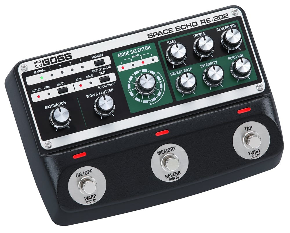 Space Echo の完全復活 1974 年にリリースされた Roland RE-201 Space Echo は、世界中のミュージシャンから愛されているレジェンド・プロダクトです。リズミカルで温かみのあるエコー・サウンドは唯一無二の世界観を作り出し、ギタリストは勿論、プロデューサーや PA エンジニアからも高い評価を得ています。RE-202 は、かつてないレベルで Space Echo を再現。オリジナルを知り尽くした BOSS が、今まで着目されていなかった要素においても徹底的に追求することで、レジェンド・サウンドたる所以を明らかにしました。さらに、RE-202 は現代のミュージシャンの創造力を掻き立てる新たな機能も搭載。REPEAT RATE の拡張、リバーブ・タイプの変更、オリジナルには存在しない 4 つ目の再生ヘッドが使用可能で、これらの設定を本体に保存可能となりました。 RE-202 には、ミュージシャンが心地よいと感じる Space Echo の魅力全てが宿っています。 ■おすすめポイント！！ 1. Roland RE-201 Space Echo のサウンドと振舞いを、 かつてないレベルで再現 2. 温かく 、 個性的なエコー ・ サウンドを、 オリジナルの2倍の長さで使用可能 3. 4 つの再生ヘッドを組み合わせることで、 12 種類のサウンド ・ バリエーションを実現 4. オリジナルの SPRING REVERB を完全再現。 HALL/PLATE/ROOM/AMBIENCE を含む合計 5 種類のリバーブ ・ タイプより選択可能 5. テープのコンディションを、 NEW または AGED より選択可能 6. WOW ＆ FLUTTER ノブによって得られるモジュレーション効果 7. SATURATION ノブ で、 プリアンプの歪み具合をコントロール 8. 様々な機器の入力レベルに対応した 2 つの INPUT モード 9. 本体のフットスイッチを長押しすることで発動する、 WARP と TWIST 効果 10. ダイレクト ・ サウンド は、 アナログ ・ ドライ ・ スルーと RE-201 の持つユニークなプリアンプ ・ サウンドから選択して出力可能 11. お気に入りの設定は本体だけで 4 個のメモリー、 外部 MIDI 機器からのコントロールでは最大で 127 メモリーが呼び出し可能 12. タップテンポ機能により足元の操作で REPEAT RATE を設定可能 13. キャリーオーバー機能 により、 エフェクトを OFF した際に残響を残すか、 残さないかを選択可能 14. ステレオ対応の入出力端子を装備 15. 外部フットスイッチやエクスプレッション ・ ペダル、 MIDI 制御のための充実したコントロール端子 16. アダプター同梱 ※画像はサンプルです。 ■主な仕様 ●サンプリング周波数：48kHz ● AD 変換：24 ビット＋ AF 方式　※ AF 方式（Adaptive Focus method）は AD コンバーターの SN 比を飛躍的に向上させるローランド／ボス独自の方式です。 ● DA 変換：32 ビット ●内部演算：32 ビット浮動小数点 ●モード：12 種類 ●メモリー：127 ＋マニュアル ●規定入力レベル：INPUT A/MONO、INPUT B：-10dBu ●最大入力レベル：INPUT A/MONO、INPUT B：+7dBu ●入力インピーダンス：INPUT A/MONO、INPUT B：1M Ω ●規定出力レベル：OUTPUT A/MONO、OUTPUT B：-10dBu ●最大出力レベル：OUTPUT A/MONO、OUTPUT B：+7dBu ●出力インピーダンス：OUTPUT A/MONO、OUTPUT B：1k Ω ●推奨負荷インピーダンス：OUTPUT A/MONO、OUTPUT B：10k Ω以上 ●バイパス：バッファード・バイパス ●コントロール：ON/OFF スイッチ、MEMORY スイッチ、TAP スイッチ、SATURATION つまみ、WOW & FLUTTER つまみ、MODE SELECTOR つまみ、BASS つまみ、TREBLE つまみ、REVERB VOL つまみ、REPEAT RATE つまみ、INTENSITY つまみ、ECHO VOL つまみ、MEMORY ボタン、INPUT ボタン、TAPE ボタン ●接続端子：INPUT A/MONO、INPUT B、OUTPUT A/MONO、OUTPUT B 端子：標準タイプ/CTL 1, 2/EXP 端子：TRS 標準タイプ/MIDI（IN、OUT）端子：ステレオ・ミニ・タイプ/DC IN 端子/USB 端子：USB マイクロ B タイプ（プログラム・アップデートのみ） ●電源：AC アダプター ●消費電流：140mA ●外形寸法：192（幅）× 133（奥行）× 52（高さ）mm（ゴム足を除く）/192（幅）× 133（奥行）× 53（高さ）mm（ゴム足を含む） ●質量：860g ●付属品：AC アダプター、取扱説明書、チラシ（安全上のご注意、使用上のご注意、お問い合わせの窓口）、ゴム足、保証書 ●別売品：フットスイッチ：FS-5U/デュアル・フットスイッチ：FS-6、FS-7/エクスプレッション・ペダル：FV-500H、FV-500L、EV-30、Roland EV-5/MIDI/TRS コネクティング・ケーブル：BMIDI-5-35、BMIDI-1-35、BMIDI-2-35、BCC-1-3535、BCC-2-3535 ※ 0dBu ＝ 0.775Vrms ※仕様およびデザインは改良のため予告なく変更することがあります。 製品仕様 ●サンプリング周波数48kHz● AD 変換24 ビット＋ AF 方式　※ AF 方式（Adaptive Focus method）は AD コンバーターの SN 比を飛躍的に向上させるローランド／ボス独自の方式です。● DA 変換32 ビット●内部演算32 ビット浮動小数点●モード12 種類●メモリー127 ＋マニュアル●規定入力レベルINPUT A/MONO、INPUT B：-10dBu●最大入力レベルINPUT A/MONO、INPUT B：+7dBu●入力インピーダンスINPUT A/MONO、INPUT B：1M Ω●規定出力レベルOUTPUT A/MONO、OUTPUT B：-10dBu●最大出力レベルOUTPUT A/MONO、OUTPUT B：+7dBu●出力インピーダンスOUTPUT A/MONO、OUTPUT B：1k Ω●推奨負荷インピーダンスOUTPUT A/MONO、OUTPUT B：10k Ω以上●バイパスバッファード・バイパス●コントロールON/OFF スイッチ、MEMORY スイッチ、TAP スイッチ、SATURATION つまみ、WOW & FLUTTER つまみ、MODE SELECTOR つまみ、BASS つまみ、TREBLE つまみ、REVERB VOL つまみ、REPEAT RATE つまみ、INTENSITY つまみ、ECHO VOL つまみ、MEMORY ボタン、INPUT ボタン、TAPE ボタン●接続端子INPUT A/MONO、INPUT B、OUTPUT A/MONO、OUTPUT B 端子：標準タイプ/CTL 1, 2/EXP 端子：TRS 標準タイプ/MIDI（IN、OUT）端子：ステレオ・ミニ・タイプ/DC IN 端子/USB 端子：USB マイクロ B タイプ（プログラム・アップデートのみ）●電源AC アダプター●消費電流140mA●外形寸法192（幅）× 133（奥行）× 52（高さ）mm（ゴム足を除く）/192（幅）× 133（奥行）× 53（高さ）mm（ゴム足を含む）●質量860g●付属品AC アダプター、取扱説明書、チラシ（安全上のご注意、使用上のご注意、お問い合わせの窓口）、ゴム足、保証書●別売品フットスイッチ：FS-5U/デュアル・フットスイッチ：FS-6、FS-7/エクスプレッション・ペダル：FV-500H、FV-500L、EV-30、Roland EV-5/MIDI/TRS コネクティング・ケーブル：BMIDI-5-35、BMIDI-1-35、BMIDI-2-35、BCC-1-3535、BCC-2-3535※ 0dBu ＝ 0.775Vrms※仕様およびデザインは改良のため予告なく変更することがあります。