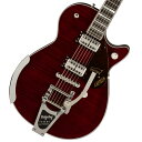 Gretsch G6134TFM-NH Nigel Hendroff Signature Penguin Ebony Fingerboard オーストラリアの著名なワーシップバンドでミュージックディレクター兼プロデューサー、そしてリードギタリストを務めるナイジェル・ヘンドロフは、”Droff（ドロフ）”という愛称で親しまれ、過去20年間にわたり、独自のプレイスタイルとサウンドを確立してきました。 音楽に対する深い洞察と、計算され尽くしたコンポジションにより躍動感のある壮大なスケールのサウンドスケープを構築するこの影響力あるミュージシャンの名を冠したシグネイチャーモデル、G6134TFM-NH Nigel Hendroff Signature Penguin が登場です。 Penguinのチェンバードシングルカッタウェイマホガニーボディとフレイムメイプルトップのトーンウッドコンビネーションは、豊かなハーモニクスとレゾナンスを提供し、生き生きとした、明瞭なトーンを実現します。ピックアップデザイナーの名匠であるティム・ショウによって設計されたBT65 Broad’Tronピックアップは、ギターの本質的なトーンを忠実に捉え、煌びやかなハイトーンから肉厚なローエンドまで、見事なバランスでパワフルに奏でます。 クラシックでエレガンスに溢れるG6134TFM-NHは、ゴージャスなAmber FlameまたはDark Cherry Metallic Flameフィニッシュで、マッチングヘッド、べっ甲柄ピックガード、マザーオブパールのビッグブロックフィンガーボードインレイに加え、ジュエルアローノブ、Grover Imperialチューナー、バンジョーアームレストを含むニッケルハードウェアといった特徴的な仕様を備えています。Amber Flameフィニッシュにはべっ甲柄のヘッドストックロゴインレイが、Dark Cherry Metallic Flameにはクロームのヘッドストックロゴをフィーチャーしています。■付属品：ハードケース、メーカー保証書※画像はサンプルです。 主な仕様 Body Material:Mahogany Body Finish:Gloss Neck:Mahogany, Standard “U” Neck Finish:Semi-Gloss Fingerboard:Ebony, 12” (305 mm) Frets:22, Medium Jumbo Position Inlays:Mother of Pearl Big Block (Ebony) Nut (Material/Width):Bone, 1.6875” (42.86 mm) Tuning Machines:Grover Imperial Locking Scale Length:24.6” (625 mm) Bridge:Adjusto-Matic Pickguard:Tortoise with Gold Gretsch Logo Pickups:Broad’Tron BT-65 (Bridge), (Middle), Broad’Tron BT-65 (Neck) Pickup Switching:3-Position Toggle: Position 1. Bridge Pickup, Position 2. Bridge And Neck Pickups, Position 3. Neck Pickup Controls:Master Volume, Master Tone Control Knobs:Jeweled Arrow Hardware Finish:Nickel Strings:Nickel Plated Steel (.010-.046 Gauges) Case/Gig Bag:Included G6238XL Gretsch Solid Body Hardshell (p/n 099-6504-000)