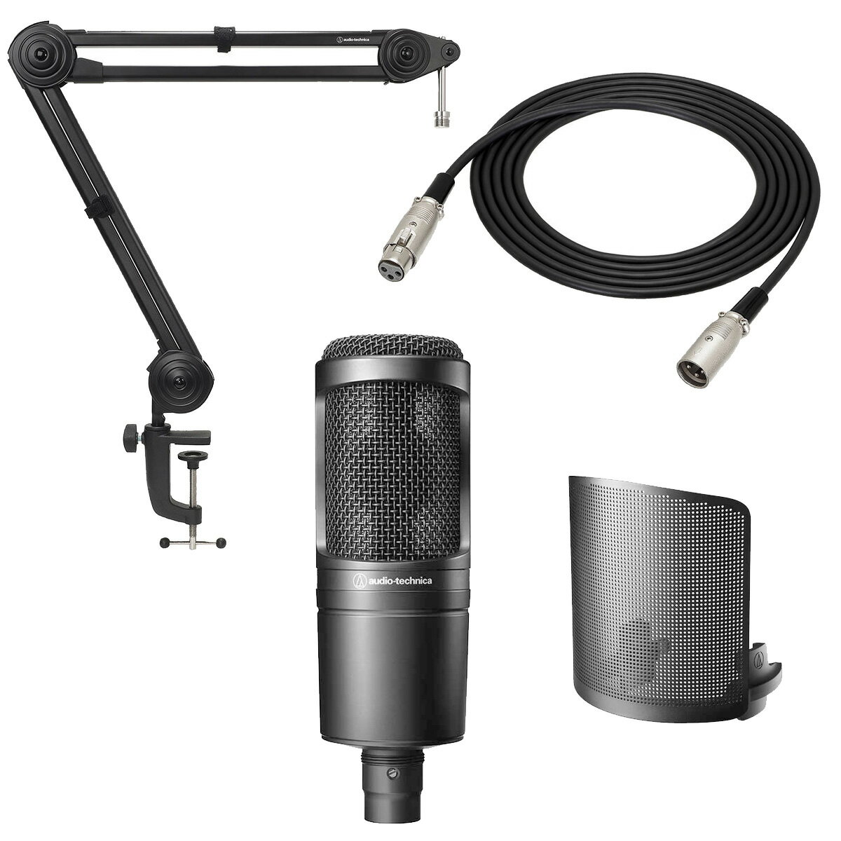 エセット内容 ■audio-technica / AT2020 ■audio-technica / ATL458A/3.0 (マイクケーブル) ■audio-technica / AT8175 (ポップフィルター) ■audio-technica / AT8700J (マイクロホンブームアーム) エントリークラスながら確かなスタジオクオリティを実現 サイドとリアの収音を抑え、狙った音だけを捉える単一指向性のサイドアドレスコンデンサーマイク。 自宅録音や動画配信に最適なコストパフォーマンスモデル スタジオ品質のアーティキュレーションと明瞭度を備えミュージシャン、ストリーマー、ポッドキャスターなどのクリエーターに最適なマイク。 堅牢な構造で信頼の高いパフォーマンスを提供 幅広い周波数特性と優れた過渡応答 専用設計ダイアフラムを採用し、さまざまなシーンに対応する高耐入力設計と広いダイナミックレンジを実現。 専用スタンドマウントとポーチを付属 マイクロホンを簡単かつ正確に配置できる専用スタンドマウントを付属。 テクニカルデータ ■型式：バックエレクトレットコンデンサー型 ■指向特性：単一指向性 ■周波数特性：20〜20,000Hz ■感度 (0dB＝1V/1Pa、1kHz)：-37dB ■最大入力音圧レベル (1kHz THD1％)：144dB S.P.L. ■SN比(1kHz、1Pa)：71dB以上 ■出力インピーダンス：100Ω平衡 ■電源：ファントムDC48V ■消費電流：2mA ■質量：345g ■付属品：専用スタンドマウント、マイクポーチ、変換ネジ