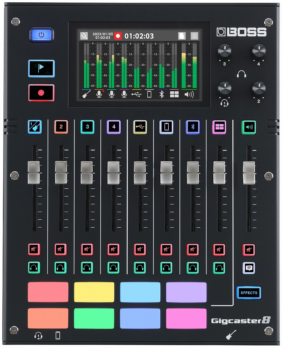 演奏配信のために生まれたオールインワン・ソリューション ミュージシャンのために開発された高音質ストリーミング・ミキサーです。様々な入力に対応した8 チャンネルのミキサー機能を備え、充実したライブ・ストリーミングやオンライン・レッスン、レコーディングを実現します。BOSS のフラッグシップ・エフェクト・プロセッサーであるGT-1000 譲りのアンプ／エフェクトを多数搭載。ギターやベースをダイレクトに接続すれば、すぐに優れたサウンドで演奏の配信ができます。高品位なボーカル・エフェクトも搭載し、配信中の会話やパフォーマンスを彩ることが可能。BGM やリモートゲストの参加に便利なチャンネルや、機能をカスタマイズ可能な8 つのパッドが配信の自由度をさらに高めます。チャンネル毎に独立したフェーダーと、タッチ操作に対応したカラー・ディスプレイを搭載し、直感的かつスムーズな操作性も実現。Gigcaster 8 は、クオリティの高いライブ・ストリーミングを実現するオールインワン・ソリューション・ツールです。 即座にギター演奏を配信 Gigcaster 8 はギター／ベースがダイレクトに接続できる専用端子を装備しています。このチャンネルには、BOSS のフラッグシップ・モデルGT-1000 譲りのアンプ、エフェクトを多数搭載。100 のプリセット・パッチが用意されているため、ギターを接続すれば即座に演奏の配信が行えます。自身で作成したユーザー・パッチは200 まで保存可能。演奏に欠かせないチューナーも本体に内蔵しています。また、オプションのGA-FC や、フットスイッチ、エクスプレッション・ペダルを接続すれば、サウンドの切り替えやバッキング・トラックの再生／停止などを足元でコントロール可能です。Gigcaster 8 はこの一台で、快適な演奏環境によるライブ・ストリーミングを実現します。 高い汎用性を備えた4系統のコンボ・ジャック 背面に装備している4 つのコンボ・ジャックには、コンデンサー・マイクを含む様々な楽器を接続できます。+70dB の入力まで対応したマイク・プリアンプを備え、あらゆるマイクで低ノイズかつクリアな音声配信を実現。さらに、各チャンネルでは内蔵エフェクトを使用可能です。ボーカルとして歌声を届ける際には、BOSS がVE シリーズで培った多彩なボーカル・エフェクトで声質を高めたり、ハーモニーを加えることが可能です。会話を中心とする配信でも、聞きやすいようサウンドを調節することはもちろん、RADIO ボイスやLo-Fi などのボイス・チェンジャー・エフェクトを用いれば、話し声のキャラクターを変化させることができます。各端子にはキーボードなどの楽器も接続できるため、複数人で集まって会話をしながらのセッションも可能。様々な配信スタイルに対応できます。 オーディオ環境を統合 汎用性の高いミキサー機能を備えるGigcaster 8 は、デスク周りのオーディオを統合し一括してコントロール可能です。マイクおよび楽器用の4 つのチャンネルを始め、Bluetooth、モバイル端末、サウンド・パッド、USB の計8 チャンネルを装備。様々なソースを集約し、ミックスすることができます。また、マルチトラック対応のUSB オーディオ機能により、各チャンネルとミックスされた音声をPC へ送り、演奏配信やDAW での録音、オンライン会議などに利用することができます。各チャンネルはPC 上でそれぞれ独立したデバイスとして認識されるため、ソフトウェア毎に使用するチャンネルを指定することが可能です。各ソフトウェアで再生される音声をGigcaster 8 のチャンネルに指定して送ることで、本体でミックスをコントロールすることもできます。 ワンランク上の配信を実現 Gigcaster 8 の様々な機能が配信をより充実させます。配信時に不可欠なBGM は、スマートフォンとの有線接続はもちろん、Bluetooth 接続での再生にも対応。デバイス側の通話機能を用いれば、リモートゲストの音声もミキシングできます。会話が始まるとBGM の音量を自動的に下げるダッキング機能を備えているため、調節の手間が省けます。8 つのパッドは、本体に内蔵されたジングルや効果音の再生に使用可能。専用アプリを用いれば、自身で用意したオーディオ素材への入れ替えも行えます。また、それぞれ異なるオーディオ素材、音量や再生方法を設定した8つのパッド、その組み合わせを8 つのバンクとして保存すれば、合計64 の機能にアクセス可能。Gigcaster 8 を導入するだけで、スマートかつ充実した配信が実現できます。 直感的かつディープなミキサー機能 Gigcaster 8 は配信に必要な設定を本体のみで完結することができ、スムーズなワークフローを実現します。8 つのインプット・チャンネルと全体の音量をコントロールするアウトプット・チャンネル、それぞれに独立したフェーダーを備えているため、直感的な音量調節を実現。また、鮮やかなカラー・タッチ・ディスプレイを備え、アウトプットを含む全チャンネルのレベル・メーターが1つの画面に表示されるので、適切なレベルの管理も簡単に行えます。ディスプレイからはノイズ・サプレッサーやディエッサーなど多彩な内蔵エフェクトにもアクセスでき、さらにサウンドに磨きをかけることも可能です。Gigcaster 8 は、高音質かつ理想的なバランスのサウンドで配信が行えます。 ベストなカスタマイズ Gigcaster 8 の高度なカスタマイズ性を活用すれば、自分の配信スタイルに合わせた最適なセットアップが行えます。8 つのパッドはオーディオの再生だけでなく、モードを切り替えることで任意の機能を設定可能。ギター／ボーカル・エフェクトのON/OFF やパッチの切り替えなど、最大4 つの機能を同時にコントロールできます。USB 経由で任意のMIDI CC を送ることもできるため、PC 側のソフトウェアに合わせて設定を行うことで、パッド操作をトリガーに配信される映像ソースを切り替える、など活用の幅が広がります。また、オプションの外部フットスイッチに同等の機能を割り当てることができるので、足元でのコントロールも行えます。 便利なレコーディング機能 Gigcaster 8 は48kHz ／ 32bit による録音に対応しています。オーディオ・インターフェイスとしての活用はもちろん、本体に接続したmicroSD カードへ配信サウンドのレコーディングも可能。録音専用ボタンを備えている為、録音の開始や一時停止も迷うことなく即座に行えます。録音方法も用途に応じ選択でき、通常の2ミックスだけでなく、マルチトラック録音にも対応。マルチトラック録音の際は、配信中気になった箇所にマークボタンで印をつけておくことが可能です。パートの変わり目やカットしたい箇所に印をつけることで、後の編集作業を効率よく行うことができます。録音したファイルの拡張子や音質は、専用アプリから簡単に変換できるため、後日アーカイブとして公開する際に役立ちます。