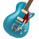 GretschエレクトロマチックNEWモデル！ Electromatic Jetは、無駄を一切排除した、完璧でピュア、そしてパワフルなGretschギターです。 大胆でダイナミック、そして明瞭なグレッチ本来のサウンド、洗練されたスタイリング、そして快適な演奏性を備えた、ワンランク上の楽器を求めるプレイヤーに最適な楽器です。 G5210T-P90 Electromatic Jet Two 90 Single-Cut with Bigsbyは、Jetのパワーと機能性をそのままに、お求めやすい驚くべき価格でご提供します。 主な特徴 ・力強いサウンドと優れた音響バランスを実現するメイプルトップのチェンバードマホガニーボディ ・低めにセッティングされたThin “U”マホガニーネック ・12インチラジアスローレル指板、22本のミディアムジャンボフレットとパーロイドNeo-Classicサムネイルインレイ ・新開発のP-90E Single-Coilピックアップを搭載 ・トレブルブリード回路付きマスターボリューム、マスタートーン、各ピックアップのボリュームコントロール ・Bigsby B50 Vibratoテイルピース ・固定式Adjusto-Maticブリッジ・ニッケルハードウェア 【メイプルトップのチェンバードマホガニーボディ】 チェンバードマホガニーボディにメイプルトップを備え、パワフルなクラシックJetサウンドを提供します。 【新開発のP-90Eピックアップ】 P-90E Single-Coilピックアップが、ワイドでバランスのとれた透明感のあるトーンを生み出し、厚みのあるアグレッシブなオーバードライブから澄み渡るクリーントーンまで、優れた明瞭度とトーンバランスを実現。 【多彩なコントロール】 各ピックアップのボリュームコントロール、マスタートーン、トレブルブリード回路付きマスターボリュームとを備え、直感的なサウンド設計が可能です。 ※画像はサンプルです。 製品仕様 Body Material MahoganyBody Finish GlossNeck Mahogany, Thin “U”Neck Finish GlossFingerboard Laurel, 12” &#40;305 mm&#41;Frets 22, Medium JumboPosition Inlays Pearloid Neo-Classic　 Thumbnail &#40;Laurel&#41;Nut &#40;Material/Width&#41; Synthetic Bone, 1.6875” &#40;42.86 mm&#41;Tuning Machines Die-Cast SealedScale Length 24.6” &#40;625 mm&#41;Bridge Adjusto-Matic　Pickguard Tortoise with Gold Gretsch LogoPickups P-90E Single-Coil &#40;Bridge&#41;, &#40;Middle&#41;, P-90E Single-Coil &#40;Neck&#41;Pickup Switching 3-Position Toggle: Position 1. Bridge Pickup, Position 2. Bridge And Neck Pickups, Position 3. Neck PickupControls Volume 1. &#40;Neck Pickup&#41;, Volume 2. &#40;Bridge Pickup&#41;, Master Volume, Master ToneControl Knobs G-ArrowHardware Finish NickelStrings Nickel Plated Steel &#40;.010-.046 Gauges&#41;Case/Gig Bag Gig Bag