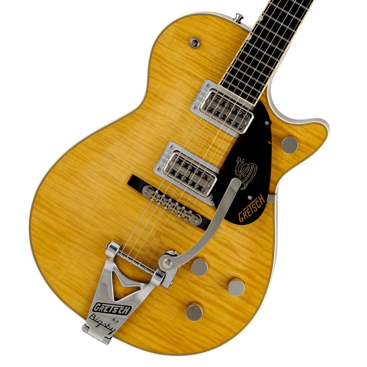 数量限定の超レアな国産G6130T Limited Edition Sidewinder！ G6130T Limited Edition Sidewinder with String-Thru Bigsbyは、Gretschのクラシックなトゥワングトーンとヴァイブスを求めるプレイヤーのためのユニークで特別な限定製品です。 カスタムワウンドのTV Jonesハムバッカーを搭載し、チェンバードマホガニーボディにフレイムメイプルトップを組み合わせた本モデルは、中毒性の高い極上のトーン体験を提供します。 主な機能： ・チェンバードマホガニーボディ、アーチドフレイムメイプルトップ ・マホガニーネック ・22本のミディアムジャンボフレットを備えた12インチラジアスエボニー指板、 マザーオブパールNeo Classicサムネイルインレイ ・Graph Tech Tusq XLナット ・カスタムワウンドTV Jonesハムバッカーを搭載 ・Adjusto-Maticブリッジ、非メッキブラスサドル、ピン付きエボニーベース ・ストリングスルーBigsby B3Pテイルピース ・Gotohロックキングチューナー ・Groverストラップロック ・ニッケルハードウェア ・ニトロセルロースラッカー仕上げ ・デラックスハードシェルケース付属 製品ハイライト： 【フレイムメイプルトップ＆チェンバードマホガニーボディ】 アーチドフレイムメイプルトップ＆チェンバードマホガニーボディを採用し、トップとボディを共鳴させることで豊かなハーモニーと明瞭なトーンを生み出します。 【カスタムワウンドTV Jonesハムバッカー 】 カスタムワウンドのTV Jonesハムバッカーを搭載し、味わい深いトゥワングとバイト感を実現。 シリンダーマグネットを採用したこのピックアップは、ブライトで歯切れの良いハイエンド、滑らかなミッドレンジ、タイトでフォーカスされたローエンドを実現し、表現力豊かなトーンを提供します。 【多彩なコントロール 】 ピックアップ毎にボリュームコントロール、マスターNo-Loadトーン、トレブルブリード回路付きマスターボリュームを備え、トーンを直感的にコントロールすることができます。 【限定生産の希少性 】 Limited Edition Sidewinderは、魅力的なAmberカラーのニトロセルロースラッカーでまとめ上げられたフレイムメイプルトップ、マザーオブパールホースシューインレイを施したマッチングヘッド、 ニッケルハードウェア、プレーントップメタルノブ、コイル状の蛇のモチーフを採用したべっ甲柄プレキシピックガードといったプレミアムな仕様を備えています。 ※画像はサンプルです。■付属品：ハードケース、メーカー保証書 製品仕様 Body Material Mahogany with Flame Maple TopBody Finish Gloss Nitrocellulose LacquerNeck MahoganyNeck Finish Gloss Nitrocellulose LacquerFingerboard Ebony, 12” &#40;305 mm&#41;Frets 22, Medium JumboPosition Inlays Mother of Pearl Neo Classic ThumbnailNut &#40;Material/Width&#41; Graphtech TUSQ XL, 1.6875” &#40;42.86 mm&#41;Tuning Machines Gotoh LockingScale Length 24.6” &#40;625mm&#41;Bridge Adjusto-Matic w/ Unplated Brass SaddlesPickguard Tortoise Plexi w/Gold GRETSCH Logo and Gold “COILED RATTLER” GraphicPickups TV Jones Custom Filter’Tron, Nickel &#40;Bridge&#41;, TV Jones Custom Filter’Tron, Nickel &#40;Neck&#41;Pickup Switching 3-Position ToggleControls Volume 1. &#40;Neck Pickup&#41;, Volume 2. &#40;Bridge Pickup&#41;, Master Volume, Master ToneControl Knobs Plain TopHardware Finish NickelStrings Nickel Plated Steel &#40;.010-.046 Gauges&#41;Strap Buttons Grover Strap LocksCase/Gig Bag Deluxe Hardshell Case