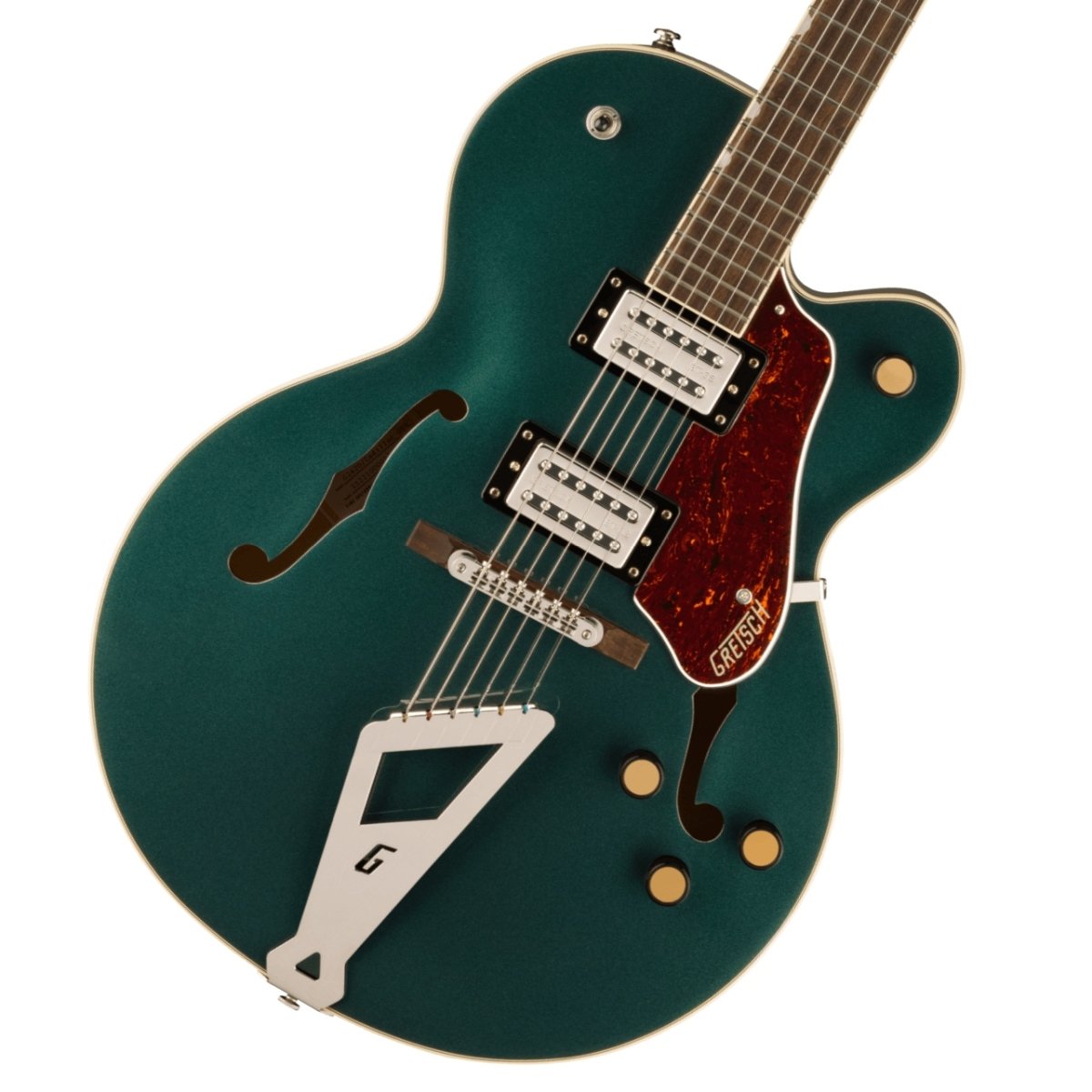 グレッチ、ストリームライナーがさらにパワーアップ！ リフレッシュされたStreamliner Collectionは、Gretschギターの輝かしい過去の要素を再訪し、エキサイティングな新機能と組み合わせることで、優れたパフォーマンス、サウンド、スタイルを驚くべき価値で提供します。 G2420 Streamliner Hollow Body Single-Cut with Chromatic II Tailpieceは、高次元のサウンドとパフォーマンスを求める現代のギタリストのために設計されています。 G2420はモダンなサウンド、最新のエレクトロニクス、正真正銘のエレガントなスタイリングをフィーチャーし、”That Great Gretsch Sound!”を体現する、大胆なプレイヤーの欲求を満たすギターです。 主な特徴 ・新開発のBroad’Tron BT-3Sハムバッカーを搭載 ・フルホロウ構造のアーチドメイプルボディは、豊かな響きと深いレゾナンス、スケール感のあるビッグボディサウンドを実現 ・Soft “C”シェイプのナトーネック ・12インチラジアスローレル指板、パーロイドNeo Classicサムネイルインレイ、22本のミディアムジャンボフレットを採用 ・ボーンナット ・マスターボリューム、マスタートーン、各ピックアップのボリュームコントロールにより、　柔軟なトーン設計が可能 ・マスターボリュームにPush/Pullコイルスプリット機能を内蔵 ・ラジオコントロールノブ ・固定式ローレルベース付きAdjusto-Maticブリッジ ・Chromatic IIテイルピース ・3-plyべっ甲柄ピックガード ・ニッケルハードウェア ハイライト アーチドメイプルホロウボディ G2420 Streamliner Hollow Body Single-Cut with Chromatic II Tailpieceは、豊かな響きと深いレゾナンス、スケール感のあるビッグボディサウンドを実現するパラレルトーンバーを備えたフルホロウ構造のアーチドメイプルボディを採用しています。 新開発のBroad’Tron BT-3SピックアップG2420は、新開発のBroad’Tron BT-3Sピックアップを搭載しています。 アルニコ5とアルニコ2を組み合わせたマグネットを採用し、力強いミッドレンジ、タイトでふくよかなローエンド、スムーズでクリアなハイエンドがバランス良く得られ、音楽的な響きを放つピックアップです。 コイルスプリットによる多彩なコントロールStreamlinerのパワフルなサウンドは、ネックとブリッジピックアップのボリュームコントロール、マスタートーンコントロール、マスターボリュームコントロール、3ウェイピックアップスイッチングという伝統的なコントロールレイアウトによって引き出されます。 マスターボリュームコントロールにPush/Pullポットを内蔵することでコイルスプリットが可能となり、シングルコイルサウンドに切り替えることが可能です。 すでに強力なサウンドパレットにさらなるトーンオプションが得られます。 ※画像はサンプルです。 製品仕様 Body Material Laminated MapleBody Finish GlossNeck Nato, Soft “C”Neck Finish GlossFingerboard Laurel, 12” &#40;305 mm&#41;Frets 22, Medium JumboPosition Inlays Pearloid Neo-Classic Thumbnail &#40;Laurel&#41;Nut &#40;Material/Width&#41; Bone, 1.6875” &#40;42.86 mm&#41;Tuning Machines Die-Cast SealedScale Length 24.75” &#40;629 mm&#41;Bridge Adjusto-MaticPickguard 3-Ply Tortoise with Gold Gretsch LogoPickups Broad’Tron BT-3S &#40;Bridge&#41;, &#40;Middle&#41;, Broad’Tron BT-3S &#40;Neck&#41;Pickup Switching 3-Position ToggleAuxiliary Switching Push/Pull Pot &#40;for Coil Split&#41;Controls Volume 1. &#40;Neck Pickup&#41;, Volume 2. &#40;Bridge Pickup&#41;, Master Tone, Master Volume with Push/Pull for Coil SplitControl Knobs Gretsch Radio KnobHardware Finish NickelStrings Nickel Plated Steel &#40;.010-.046 Gauges&#41;Case/Gig Bag Softcase