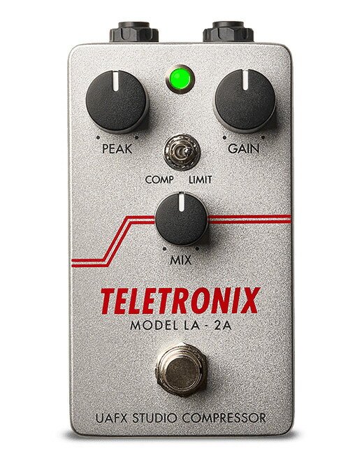 伝説的なリミッターの豊かなチューブ・トーンを手に入れる UAFX Teletronix LA-2A Studio Compressorは、伝説的なオプティカル・チューブ・リミッターのサウンドを足元で再現。オリジナルのハンドワイヤード・ハードウェアに正確にマッチするようボイシングされており、インスピレーションを掻き立てるトーンとクラシックなフィールをもたらします。 ●長く愛されるクラシック作品で聴くことのできる、あたたかみのあるオプティカル・チューブ・コンプレッション・サウンドを実現。 ●完璧に再現されたチューブ・プリアンプ・セクションにより、クリーン、ダーティーを問わず、あらゆるサウンドに重厚さと質感を加える。 ●ミックス・コントロールとストック／ファスト・スイッチで、完璧なコンプレッション・エフェクトを手早く得る。 ●時代を超越するUAのクラフトマンシップが生み出した、ステージとスタジオのための高品位ペダル。 ■穏やかなダイナミクス・コントロールと自然なサスティンを楽しむ クリーン・トーンや単音のギター・ラインを鳴らす時にも、あるいはベースやシンセ、鍵盤にフォーカスする時にも、Teletronix LA-2Aはどんなコンプレッサーよりも楽器を引き立てます。このペダルは、トランス、チューブ、T4オプティカル・セルによる歪みなど、オリジナル・ハードウェアによって得られるビッグで立体的なサウンドをそのままペダルボード上で再現します。 ■ビンテージのチューブ回路によるファットなサウンドを加える コンプレッションなしでも、Teletronix LA-2Aは大胆なチューブの厚みであなたのトーンを向上させ、セットアップ済みのチューブアンプを倍音と色彩に満ちたジューシーなオーバードライブへとプッシュします。 ■タフでコンパクトなストンプボックスでコンプレッションを得る UAFX Teletronix LA-2A Studio Compressorは、切り替え可能なトゥルー／バッファー・バイパス、早めのアタック・タイムを実現するストック／ファスト・スイッチ、そしてパラレル・コンプレッションを容易に実現するミックス・コントロールを備え、末長くご愛用いただける伝説的なリミッティング・エフェクトを提供します。 □特徴 ●象徴的なTeletronix LA-2Aオプティカル・チューブ・コンプレッサー／リミッターの本格的なエミュレーションをコンパクトなストンプボックスの形で実現 ●ビンテージ・トランス、チューブ・アンプ、T4 オプティカル・セルのすべてを完璧にキャプチャーし、太く立体的なトーンを実現 ●簡単にパラレル・コンプレッションを楽しめるミックス・コントロール ●切り替え可能なトゥルー／バッファー・バイパス、ストック／ファスト・アタック・スイッチを搭載 ●時代を超越したUAの設計とクラフトマンシップにより、長きに渡って信頼できるパフォーマンスを提供 □仕様 電源（別売)： アイソレートされたDC9V、250mA（最小）、センターマイナス、2.1 x 5.5 mm バレルコネクターの電源 入力： 1つの?インチ・アンバランス（TS） 出力： 1つの?インチ・アンバランス（TS） 入力インピーダンス：1 MΩ 出力インピーダンス：500 Ω 最大入力レベル：12.2 dBu 最大出力レベル：12.2 dBu 周波数特性：20 Hz 〜 20 kHz、±1 dB USB Type-C（ケーブル別売)： コンピューターでの製品登録、およびファームウェアのアップデートに使用 寸法：高さ 5.8 cm×幅 6.6 cm×奥行き 12.1 cm 重量：0.28 kg 仕様は予告なく変更となる場合があります。 ※画像はサンプルです。