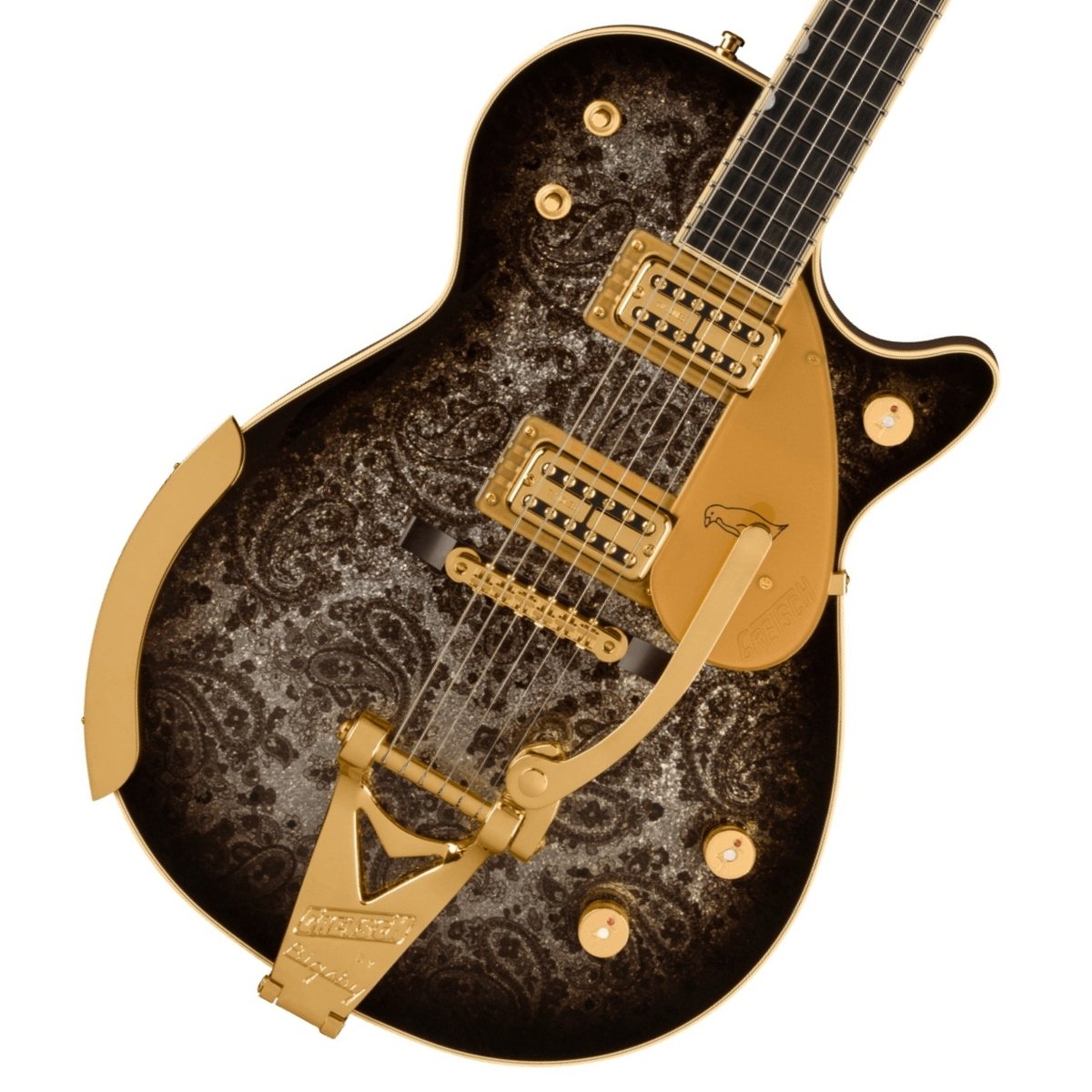 特別限定モデルの『G6134TG LTD Paisley Penguin with String-Thru Bigsby』が登場！ Limited Edition Paisley Penguinは、Gretschのクラシックなデザインをエレガントにアレンジした完全限定生産モデルです。 Black PaisleyとSilver Sparkleトップにブラックエッジバースト仕上げが施された特別なモデルです。 ボディはチェンバードマホガニーボディにアーチドメイプルトップです。 『TV Jones TV Classic Filter’Tron』ピックアップは、1950年代後半のヴィンテージFilter’Tronに似た歯切れの良さと味わい深いトゥワング、そして極上のドライブトーンを提供し、 ロックンロールからカントリーまで、幅広いジャンルに理想的なサウンドを奏でます。 数量限定での生産となります。是非この機会にご検討下さいませ。 主な特徴： ・チェンバードマホガニーボディ、アーチドメイプルトップ ・マホガニーネック ・12インチラジアスのエボニー指板、22本のミディアムジャンボフレット、マザーオブパールNeo Classicサムネイルインレイ、Luminlayサイドドット ・ボーンナット ・TV Jones TV Classic Filter’Tronピックアップ ・Adjusto-Maticブリッジ、ピン付きエボニーベース ・ストリングスルーBigsby B3GPテイルピース ・Grover Imperialロッキングチューナー ・Groverストラップロック ・ゴールドハードウェア ・デラックスハードシェルケース付属 ※画像はサンプルです。 製品仕様 Body Material MahoganyBody Finish GlossNeck Mahogany, Standard “U”Neck Finish GlossFingerboard Ebony, 12” &#40;305 mm&#41;Frets 22, Medium JumboPosition Inlays Mother of Pearl Neo-Classic Thumbnail &#40;Ebony&#41;Nut &#40;Material/Width&#41; Bone, 1.6875” &#40;42.86 mm&#41;Tuning Machines Grover Imperial LockingScale Length 24.6” &#40;625 mm&#41;Bridge Adjusto-MaticPickguard Gold Plexi with Gold Gretsch Logo and Penguin GraphicPickups TV Jones TV Classic &#40;Bridge&#41;, TV Jones TV Classic &#40;Neck&#41;Pickup Switching 3-Position Toggle Position 1. Bridge Pickup, Position 2. Bridge And Neck Pickups, Position3. Neck Pickup, 3-Position Tone SwitchControls Volume 1. &#40;Neck Pickup&#41;, Volume 2. &#40;Bridge Pickup&#41;, Master VolumeControl Knobs Jeweled G-ArrowHardware Finish GoldStrings Nickel Plated Steel &#40;.010-.046 Gauges&#41;Case/Gig Bag Deluxe Hardshell Case