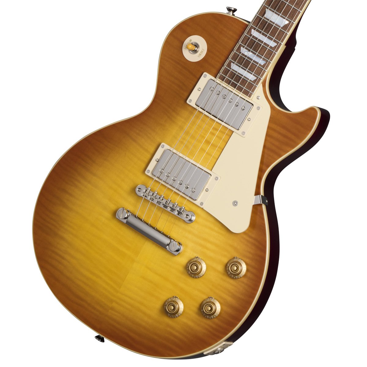 Epiphone Inspired by Gibson Custom Shopから1959 Les Paul Standardがリリース！ EpiphoneとGibson Custom Shopのコラボレーションによって製作されるEpiphone Inspired by Gibson Custom Shopのラインナップが大幅に刷新されました。 既にリリースされている1958 Korina Flying V/Explorer、1963 Firebird I/Vに加えて、 今回Les Paul Standard、SG Custom、ES-355、Les Paul CustomといったGibsonを代表するモデル群が新たにリリースされます。 エピフォンはギブソン・カスタム・ショップとのコラボレーションにより、希少なヴィンテージクラシックを見事に再現した1959 Les Paul Standardをリリースします。 1959 Les Paul Standardは、マホガニーBodyにAAAフレイム・メイプル・ベニアのメイプルTop、1959スタイルを踏襲した丸みを帯びたミディアムCプロファイルの1ピース・マホガニー・ネック、ジョイントはロング・ネック・テノン（ディープジョイント）を採用。 ヘッドストックはGibsonオリジナルの“openbook”ヘッドストック・シェイプが採用され、エイジドMOPロゴ、チューナーやピックガード、バインディングもヴィンテージスタイルが再現されています。 ピックアップにはCustom Shop製品にも採用されているGibson Custombuckerをマウント。 さらに50sワイヤリング、CTSポテンショメーター、Malloryコンデンサー、Switchcraftセレクタースイッチとアウトプットジャック、も採用され、サウンド面においても充実のスペックを誇ります。 ヴィンテージスタイルのInspired by Gibson Customロゴ入りのハードシェル・ケースが付属いたします。 エピフォンとギブソン・カスタム・ショップのコラボレーションは、紛れもなく、親しみやすく、高品質なギターを生み出し続けています。 真正性、ルックス、トーン、フィーリングをさらに高めた新しいEpiphone Inspired by Gibson Custom 1959 Les Paul Standard はたゆまぬ探求における数十年の努力の集大成でもあります。※画像はサンプルです。杢目は1本1本異なります。仕様は予告なく変更される場合がございますので、予めご了承くださいませ。 ■付属品：ハードケース、ユーザー登録カード ※ご購入後、同梱されるユーザー登録カードに必要事項をご記入の上、15日以内にギブソン・ジャパンへご郵送ください。ユーザー登録したご本人様に限り、メーカー規定の故障に対して保証が提供されます。 製品仕様 Shape Les PaulMaterial MahoganyTop Maple with AAA Flame Maple VeneerFinish VOS Vintage Original SheenWeight Relief N/ABinding Single Ply, Top and FretboardNeck One Piece MahoganyNeck Profile 1959 Rounded Medium CNut width 43mmFingerboard LaurelScale length 628.65mmNumber of frets 22Nut Graph TechInlay Mother of Pearl TrapezoidBridge ABR-1Tailpiece Gibson Historic Reissue Stop BarTuners Epiphone Deluxe with Keystone ButtonsPlating NickelNeck pickup Gibson CustombuckerBridge pickup Gibson CustombuckerControls 2 Volume, 2 Tone; CTS Potentiometers and Mallory Capacitors, 50s WiringCase Brown Hardshell with Pink Interior, Gold Hardware, and Inspired by Gibson Custom Logo