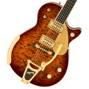 数量限定！キルトメイプルトップのペンギンG6134T登場！ Gretsch Quilt Classicsは、クラシックなヴィンテージモデルに際立ったフィギュアドキルトメイプルトップをあしらい、スタイリッシュに再現したコレクションです。 G6134TQM-59 Limited Quilt Classic Penguinは、華麗な美学とエレクトリックギターの黄金時代に忠実な特徴や仕様を兼ね備えた洗練されたモデルです。 極上のトーンとまばゆばかりの輝かしいルックスで目と耳を満足させるこの希少なギターは、プレイヤーの手の中で生き生きとしたサウンドを響かせ始めます。 主な特徴 ・ 魅力的なキルトメイプルトップをあしらったマホガニーバック＆サイドボディ ・ 22本のミディアムジャンボフレットとマザーオブパールNeo-Classicサムネイルインレイを配したスタンタードな“U”シェイプのマホガニーネック ・ ニトロセルロースラッカーフィニッシュ ・ ボーンナット ・ Grover Imperialチューニングマシン ・ ピン留めされたエボニーベース付きSpace Control ブリッジ ・ TV Jones Ray Butts Ful-Fidelity Filter-Tronピックアップ ・ Bigsby B3GBヴィブラートテイルピース ・ ゴールドハードウェア ・ デラックスハードケース付属 ・ Forge Glowカラーフィニッシュ 付属品：ハードケース、調整用レンチ、メーカー保証書 ※画像はサンプルです。 製品仕様 Body Material MahoganyBody Finish Gloss Nitrocellulose LacquerNeck Mahogany, Standard “U”Neck Finish Gloss Nitrocellulose LacquerFingerboard Ebony, 12” &#40;305 mm&#41;Frets 22, Medium JumboPosition Inlays Mother of Pearl Neo-Classic Thumbnail &#40;Ebony&#41;Nut &#40;Material/Width&#41; Bone, 1.6875” &#40;42.86 mm&#41;Tuning Machines Grover ImperialScale Length 24.6” &#40;625 mm&#41;Bridge Space ControlPickguard Gold Plexi with Gold Gretsch Logo and Penguin GraphicPickups TV Jones Ray Butts Ful-Fidelity &#40;Bridge&#41;, TV Jones Ray Butts Ful-Fidelity&#40;Neck&#41;Pickup Switching 3-Position ToggleControls Volume 1. &#40;Neck Pickup&#41;, Volume 2. &#40;Bridge Pickup&#41;, Master Volume, Master ToneControl Knobs Jeweled &#40;897&#41;, Jeweled G-Arrow &#40;997&#41;Hardware Finish GoldStrings Nickel Plated Steel &#40;.010-.046 Gauges&#41;Case/Gig Bag Included G6238XL Gretsch Solid Body Hardshell &#40;p/n 099-6504-000&#41;