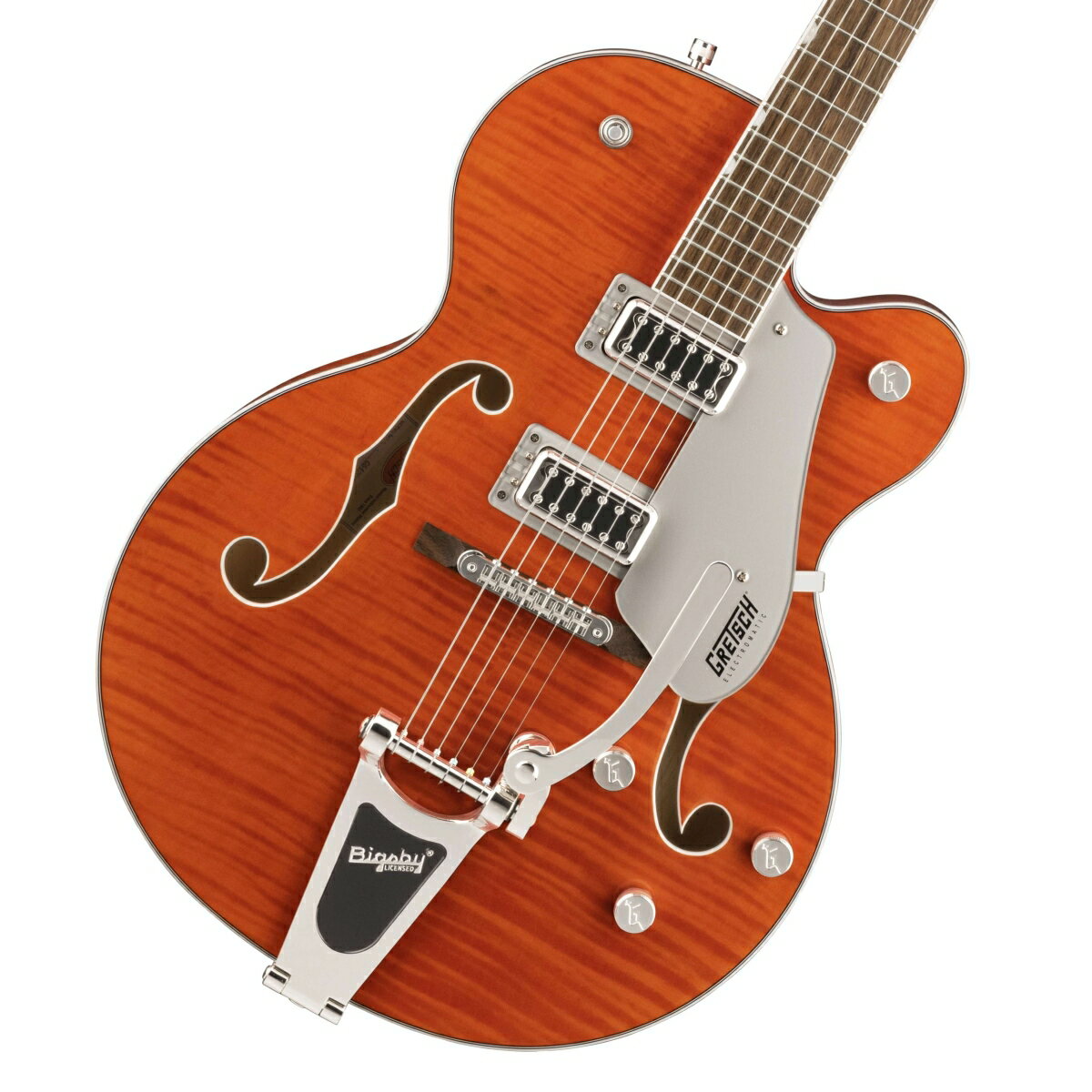 限定モデル！フレイム・メイプルトップのG5427TFMが大特価にて入荷！ 限定生産FSR仕様のG5427TFMが特価にて入荷！美しいフレイム・メイプルをボディトップに使用しております。 6120でお馴染みの王道Orange Stainカラーと相まって美しいギターに仕上がっております。 クラシックな'50年代や60年代のGretschサウンドとスタイルにインスパイアを受けた、Electromatic Classic Hollow Bodyギターです。 定番のGretschホロウボディが響かせるサウンド、スタイル、そしてプレイアビリティを備えたこのモデルはネクストレベルを目指すギタリストに最適です。 ヴィンテージにインスパイアされた洗練されたアーチを備えたラミネートメイプルボディと、不要なフィードバックノイズを軽減する全く新しいトレッスルブロックブレース設計を採用しています。 ボディトップとバックの間に強度の高い接着を施した、新しいトレッスルブロック設計は、より的確でスナップの効いたトーン、より伸びやかでスピーディなレスポンスで攻撃力の高いサウンドをもたらします。 全く新しいFT-5E Filter?Tronピックアップと相まって、このホロウボディサウンドは強力なフルボディパンチを放ち、クラシカルな煌びやかさと増強された存在感、明瞭で正確なプレイを加速させます。 全く新しいClassic"C"シェイプのメイプルネックは、プレイアビリティとパフォーマンスを向上させ、快適な演奏感をもたらす、12インチラジアスのローレル指板を備えています。 生き生きとした響きを提供するG5427Tは、トレブルブリードサーキットとマスターボリュームを含む、様々なアップグレードを施されたコントロール部を持ち、 マスタートーン、個々のピックアップボリュームコントロールと3ポジションピックアップトグルスイッチ、特大のバウンドFホール、マルチプライボディバインディング、バインディング加工された50年代後半の小ぶりなG6120バウンドヘッドストック、ヴィンテージスタイルのオープンバックチューニングマシン、Graph Tech NuBoneナット、パーロイドのNeo-Classicサムネイルインレイ、安定したAdjusto-Maticブリッジ、Bigsby B60ヴィブラートテールピースを備えています。 付属品：ソフトケース、メーカー保証書 製品仕様 Body Hollow Body with Trestle Block Bracing with Oversized Bound F HolesBody Top Arched Laminated Flame MapleNeck MapleFret Size Medium JumboScale 24.6" &#40;625 mm&#41;Shape Classic C NeckFingerboard LaurelPickup 2 FT-5E Filter’TronBridge Secured Adjusto-Matic BridgeTailpiece Bigsby B60G Tailpiece