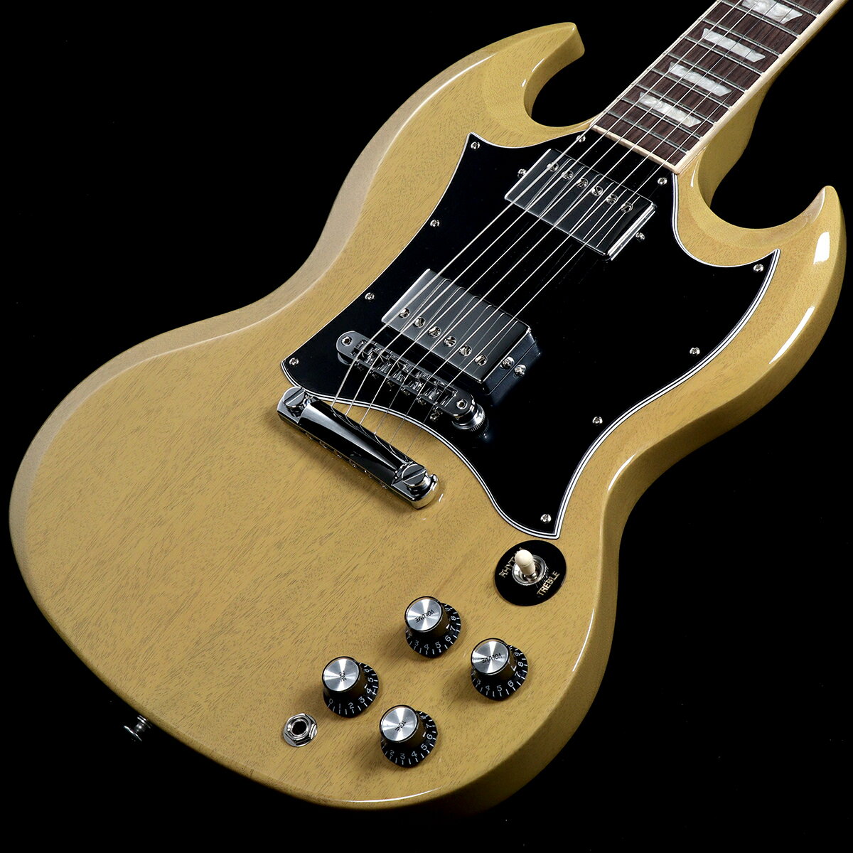 Gibson USAからCustom Color Seriesがリリース！人気モデルのSG Standard/SG Standard 61をベースとして、1960年代の歴史的なギブソン・カスタムカラーや近年人気の限定カラーで仕上げた新モデルがリリース！この数年Gibson USAが取り組んできた塗装技術の向上により、様々なカラーを採用することが叶いました。USA製品開発チームにより、1960年代のギブソンのカスタムカラーにインスパイアされて、ギブソンの意匠となるそれらの歴史的なカラーだけでなく、近年人気のカラーや新しいアイデアを追加した現代的なカラーも採用。多くのバリエーションから、貴方にぴったりのギブソン・ギターをお選びいただけます。60年代後期のSGの特長を取り込んだ現行モダンコレクションのSGスタンダード。丸みのあるラウンデッドシェイプのマホガニーネック、バインディングの施されたローズウッド指板、19フレット付近でボディと接合されるロングテノンジョイントにより、ソリッドマホガニーボディの鳴りを最大限に生かした歌うようなサステインを味わえます。アルニコ2マグネットを使用した490R/490Tピックアップはドライブサウンドに必要充分なパワーを持ち、5プライのフルフェイスピックガードを採用したルックスは唯一無二の存在感をアピール。クラシカルながらも多様性に富んだ仕上がりの新たなSGスタンダードです。Made in USA、ナッシュビル工場製、新品、正規輸入品です。※ご購入後、同梱されるユーザー登録カードに必要事項をご記入の上、15日以内にギブソン・ジャパンへご郵送ください。ユーザー登録したご本人様に限り、メーカー規定の故障に対して保証が提供されます。■S/N:227230364■重量:3.17kg■JANコード:4570155995842■付属品:ハードケース、Gibsonユーザー登録カード 製品仕様 Body MaterialMahoganyFinishGloss Nitrocellulose LacquerNeck MaterialMahoganyNeck ProfileRoundedScale Length24.75"Fingerboard MaterialRosewoodFingerboard Radius12"Number Of Frets22FretsMedium JumboNut MaterialGraph TechNut Width1.695"End of Board Width2.26"InlaysAcrylic TrapezoidsHardware FinishChromeBridgeAluminum Nashville Tune-O-MaticTailpieceAluminum Stop BarTuning MachinesGrover Rotomatics w/ Kidney ButtonsPickguardBlack 5-ply Full FaceControl KnobsBlack Top Hats with Silver ReflectorSwitch TipCreamSwitchwasherBlackNeck Pickup490RBridge Pickup490TControls2 Volumes, 2 Tones, 3-way Toggle SwitchStrings.010, .013, .017, .026, .036, .046CaseSoft Shell Case