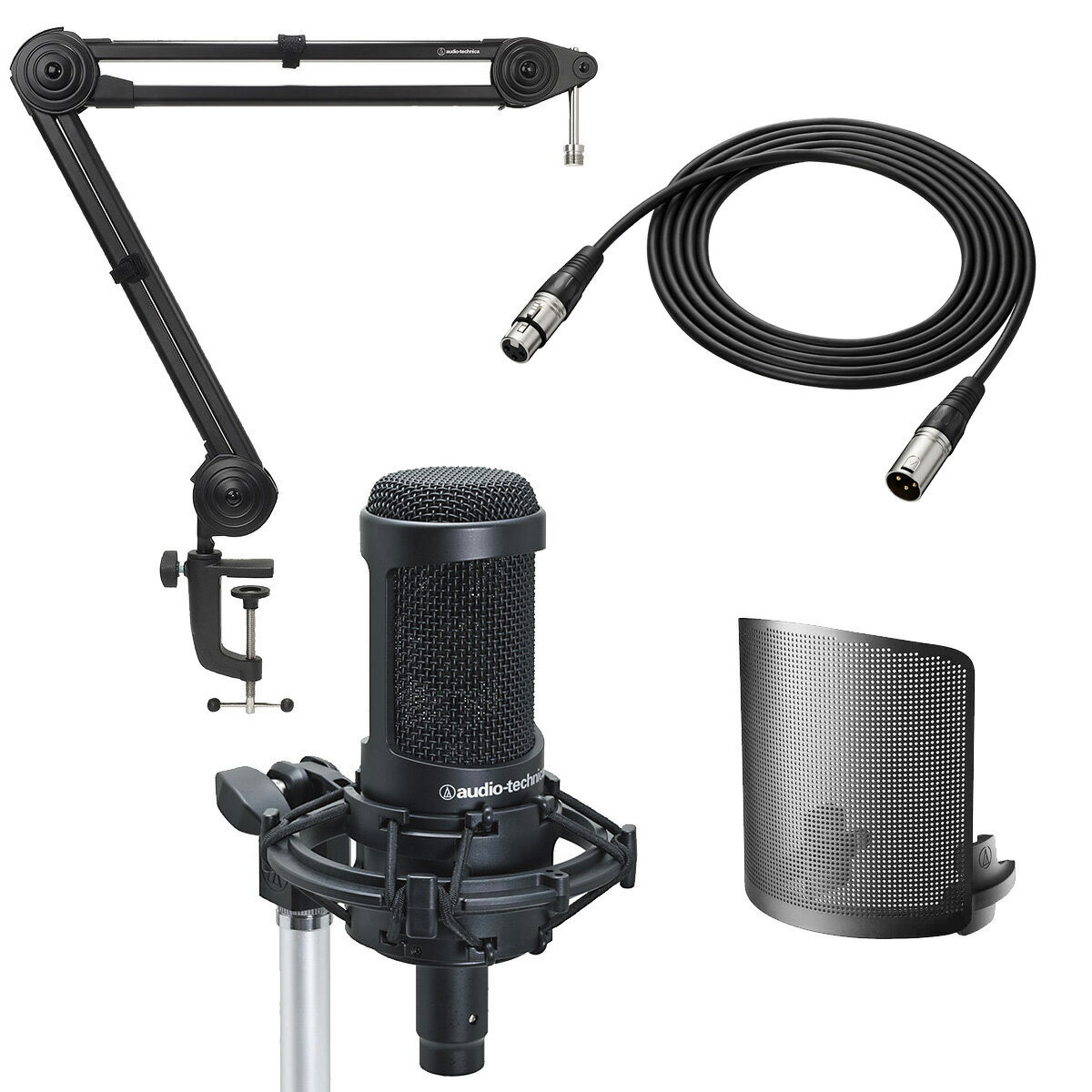 セット内容 ■audio-technica / AT2050 ■audio-technica / BX3/3.0 BK (マイクケーブル) ■audio-technica / AT8175 (ポップフィルター) ■audio-technica / AT8700J (マイクロホンブームアーム) DCバイアス・コンデンサー・マイクロホン ダイアフラムにハニカム形状の凹凸を付ける事で、高感度、高S/Nを実現。あらゆるシーンのハイレベルなニーズに対応します。 あらゆるシーンのハイレベルなニーズに対応 ダイアフラムにハニカム形状の凹凸を付ける事で、高感度、高S/Nを実現 ・ダブルウェーブダイアフラム(PAT.)を採用し、用途に応じて3つの指向特性が選べる高機能モデル。 ・単一指向性、無指向性、双指向性に指向特性を切り替え可能。 ・エアコンの騒音などを低減する80Hzローカットフィルタースイッチや、不要な雑音をカットする-10dBパッドスイッチを搭載。 ・低ノイズでスムーズかつナチュラルな音質を生み出すダブルウェーブダイアフラム(PAT.)を採用。 ・専用ショックマウント、マイクポーチを付属。 テクニカルデータ ■型式：DCバイアスコンデンサー型 ■指向特性：可変(全指向性/単一指向性/双指向性) ■周波数特性：20〜20,000Hz ■感度 (0dB＝1V/1Pa 1kHz)：-42dB ■最大入力音圧レベル (1kHz THD1％)：149dB S.P.L. ■ローカット：80Hz、12dB/oct ■SN比(1kHz 1Pa)：77dB以上 ■出力インピーダンス：120Ω平衡 ■電源：ファントム DC11〜52V ■消費電流：4.7mA ■質量：412g