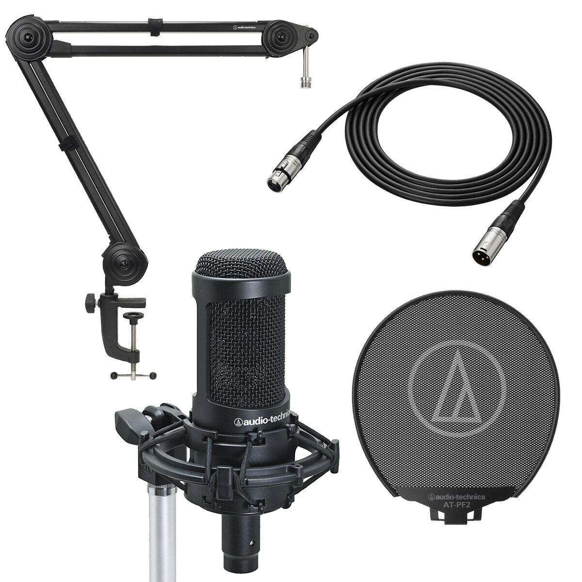セット内容 ■audio-technica / AT2050 ■audio-technica / BX3/3.0 BK (マイクケーブル) ■audio-technica / AT-PF2 (ポップフィルター) ■audio-technica / AT8700J (マイクロホンブームアーム) DCバイアス・コンデンサー・マイクロホン ダイアフラムにハニカム形状の凹凸を付ける事で、高感度、高S/Nを実現。あらゆるシーンのハイレベルなニーズに対応します。 あらゆるシーンのハイレベルなニーズに対応 ダイアフラムにハニカム形状の凹凸を付ける事で、高感度、高S/Nを実現 ・ダブルウェーブダイアフラム(PAT.)を採用し、用途に応じて3つの指向特性が選べる高機能モデル。 ・単一指向性、無指向性、双指向性に指向特性を切り替え可能。 ・エアコンの騒音などを低減する80Hzローカットフィルタースイッチや、不要な雑音をカットする-10dBパッドスイッチを搭載。 ・低ノイズでスムーズかつナチュラルな音質を生み出すダブルウェーブダイアフラム(PAT.)を採用。 ・専用ショックマウント、マイクポーチを付属。 テクニカルデータ ■型式：DCバイアスコンデンサー型 ■指向特性：可変(全指向性/単一指向性/双指向性) ■周波数特性：20〜20,000Hz ■感度 (0dB＝1V/1Pa 1kHz)：-42dB ■最大入力音圧レベル (1kHz THD1％)：149dB S.P.L. ■ローカット：80Hz、12dB/oct ■SN比(1kHz 1Pa)：77dB以上 ■出力インピーダンス：120Ω平衡 ■電源：ファントム DC11〜52V ■消費電流：4.7mA ■質量：412g