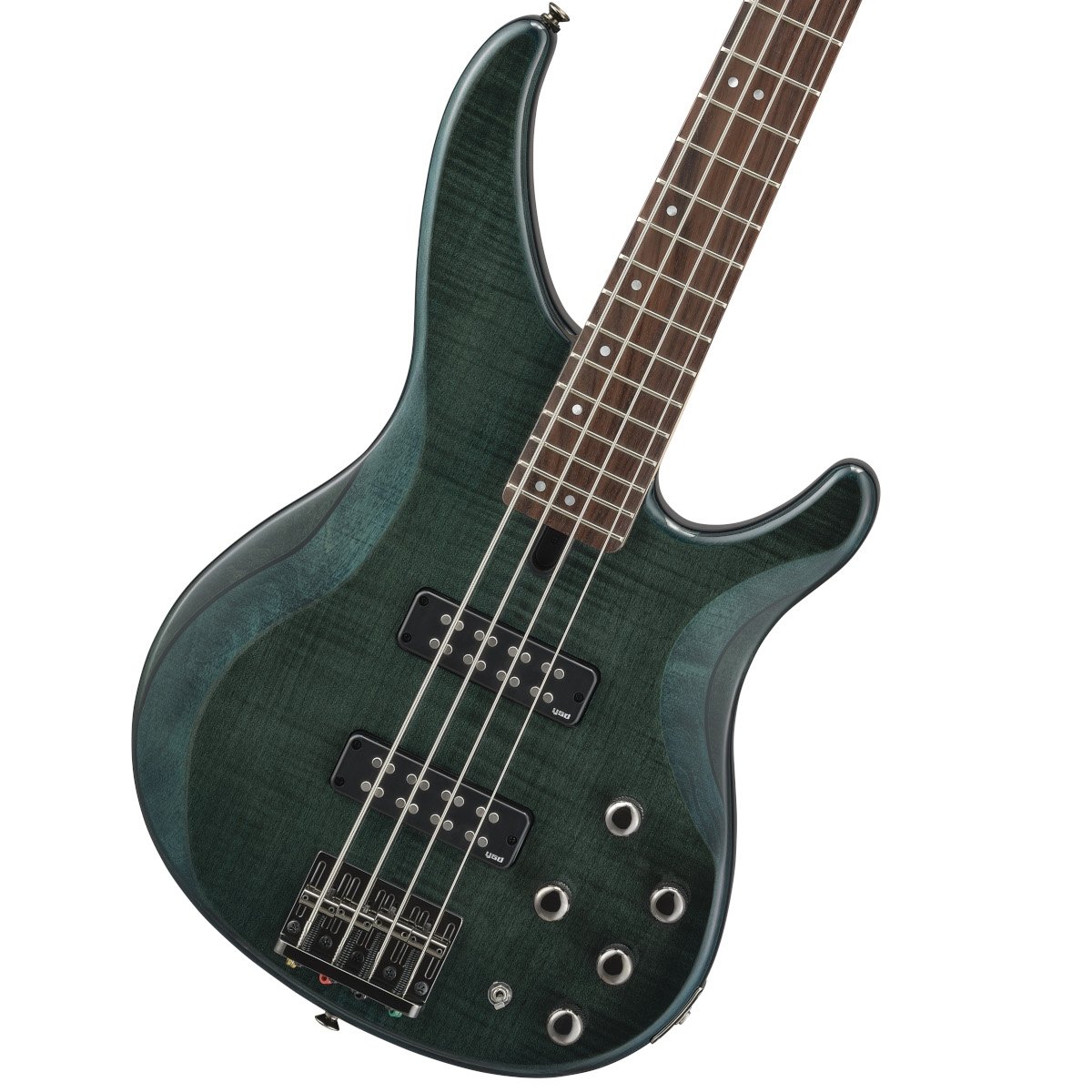 高級感のあるフレイムメイプルを採用したTBRX600シリーズ！ 音、演奏性、デザイン、あらゆる要素を追求し完璧なバランスに仕上げられた「TRBX604FM」。立体的にカットされたフレイムメイプル/アルダーのラミネートボディ構造が迫力のあるサウンドを実現。3バンドEQ、アクティブ・パッシブ切り替えスイッチを搭載。握りやすくスリムなデザインを施したネックが高い演奏性をサポート。フレイムメイプルトップの木目が高級感のある外観を演出します。 【主な特徴】 ■アルダー/フレイムメイプル ボディ ■メイプル&マホガニー 5ピースラミネート・ネック ■3バンドアクティブイコライザー搭載 ■アクティブ/パッシブ切り替え可能 ■バッテリーアラート機能装備 立体的なカットを施したボディーは軽量化と心地よいフィット感を実現しながらも充分な体積を確保し、パワフルな低音を生み出します。 トップ材にはフレイムメイプルを採用し高級感のある外観が特徴です。ネックはメイプル/マホガニーの5ピース構造を採用しており、高い高度を確保しております。ハイポジションでの弾き易さを損なわず、弦振動を無駄なく伝達します。 また、アクティブ・パッシブ切り替えスイッチを搭載しており、繊細で暖かみのある、パッシブサウンドとクリアで幅広いサウンドメイキングが可能なアクティブサウンドを使い分ける事が可能です。また、電池が消耗すると点灯し、交換のタイミングを知らせるバッテリーアラートをボディバックに装備しております。 マスターボリューム、ピックアップバランサー、3バンドEQを搭載。5つのコントロールを駆使した幅広い音作りが可能。 ■ピックアップ 独自に開発したピックアップは、パッシブ、アクティブそれぞれ最高のパフォーマンスが発揮できるように設計。各弦に4つのポールピースを配置し、アルニコVマグネットを採用したデュアルコイルピックアップを搭載。アクティブモードではクリアでパワフルなワイドレンジトーン、パッシブモードでは繊細なニュアンスを表現できます。 ■アクティブ/パッシブサーキット アクティブ/パッシブ切り替え時の音量差や音色の違和感を生じさせない繊細なサーキットを搭載。切り替えスイッチには金メッキ処理が施され、接触不良や音質劣化を抑えるだけでなく、ボディ背面にはバッテリーアラートも装備し、ステージでの突然の電池切れを防ぎます。 フレイムメイプル/アルダーの2層ボディ構造はTRBX600シリーズ最大の特長。立体的にカットされたボディは、軽量化による最適な重量バランスを保ちつつ、ベースに必要なパワフルな低音を生み出します。 　■ネック 反りやねじれに強いメイプル/マホガニーの5ピースラミネート構造。ヤマハベースの中で最もスリムなネックシェイプは、抜群のフィット感でスムーズなフィンガリングを可能にするだけでなく、優れた耐久性も実現しました。 ■ネックジョイント ネックジョイントはボルトオン方式を採用。豊かな倍音を含んだクリアで力強い鳴りを実現。長時間にわたる試奏を繰り返し設計されたネック接合部は、ハイポジションでの弾きやすさを損なわず、ネックとボディの高い密着性による弦振動を無駄なく伝達する精巧なデザイン。 ■ヘッド/指板幅 ナットからペグポストまで弦を真っ直ぐに張るストレートタイプの配置。横方向のテンションを与えずスムーズな弦振動とチューニングの安定性を向上しました。ボディと同じフレイムメイプルをトップ材に採用し、ボディのみならずヘッドデザインにも高級感を演出。 ナット部分で38mm（4弦）、43mm（5弦）の指板幅は、手の小さい人でも握りやすく、 どんなプレイスタイルにも対応します。 ■ブリッジ ダイキャストプレートにスティールサドルを採用。弦振動を無駄なくボディに伝達するだけでなく、ベース弦の張力を強固に支える耐久性を実現。弦間ピッチを19mm（4弦）、18mm（5弦）に設定することにより、スラップ、ピッキング等の様々な奏法において高い演奏性を発揮します。 ■アウトプットジャック 抜き差しの多いジャック部分にメタルプレートを装備。耐久性とメンテナンスの簡易性を向上しました。 付属品：ソフトケース、メーカー保証 ※画像はサンプルです。 複数のモールに掲載されているため、売却に伴う商品情報の削除は迅速を心掛けておりますが必ずしもリアルタイムではございませんので、ご注文後に万一売り切れとなっておりました際は誠に申し訳ございませんがご容赦くださいませ。 製品仕様 ネックジョイン ボルトオン弦長863.6mmボディフレイムメイプル/アルダーネックメイプル/マホガニー 5pcsペグダイキャストチューナー指板ローズウッド 24FピックアップYGD ダブルコイル/アルニコV指板幅0F/12F 38.0mm/56.4mm弦ゲージ0.045-0.100コントロールマスターボリューム、ピックアップバランサー 3バンドEQ、アクティブ/パッシブスイッチ、ハードウェアブラックニッケルその他バッテリー 9V電池、LEDバッテリーアラート