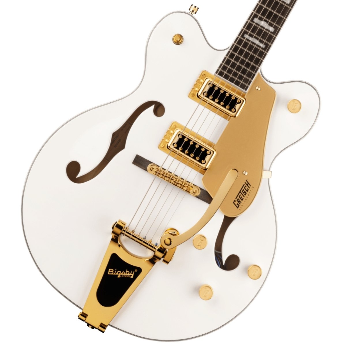 50年代や60年代にインスパイアを受けた、全く新しいElectromatic Classic Hollow Bodyギター クラシックな’50年代や60年代のGretschサウンドとスタイルにインスパイアを 受けた、全く新しいElectromatic(R) Classic Hollow Bodyギターです。 定番のGretschホロウボディが響かせるサウンド、スタイル、そしてプレイアビリティを備えたこのモデルはネクストレベルを目指すギタリストに最適です。 G5422TG Electromatic(R) Classic Hollow Body Double-Cut with Bigsby(R)は、ヴィンテージにインスパイアされた洗練されたアーチを備えたラミネートメイプルボディと、不要なフィードバックノイズを軽減する全く新しいトレッスルブロックブレース設計を採用しています。 ボディトップとバックの間に強度の高い接着を施した、新しいトレッスルブロック設計は、より的確でスナップの効いたトーン、より伸びやかでスピーディなレスポンスで攻撃力の高いサウンドをもたらします。 全く新しいFT-5E Filter?Tron(TM)ピックアップと相まって、このホロウボディサウンドは強力なフルボディパンチを放ち、クラシカルな煌びやかさと増強された存在感、明瞭で正確なプレイを加速させます。 全く新しいクラシック「C」シェイプのメイプルネックは、プレイアビリティとパフォーマンスを向上させ、快適な演奏感をもたらす、12インチラジアスのローレル 指板を備えています。 生き生きとした響きを提供するG5422TGは、トレブルブリードサーキットとマスターボリュームを含む、様々なアップグレードを施されたコントロール部を持ち、 マスタートーン、個々のピックアップボリュームコントロールと3ポジションピックアップトグルスイッチ、特大のバウンドFホール、マルチプライボディバインディング、バインディング加工された0年代後半の小ぶりな5G6120バウンドヘッドストック、ヴィンテージスタイルのオープンバックチューニングマシン、Graph Tech(R) NuBone(R)ナット、パーロイドのHump Blockインレイ、安定したAdjusto-Matic(TM)ブリッジ、Bigsby(R) B60ヴィブラートテールピースを備えています。 この素晴らしいギターは、ゴールドピックガードとゴールドハードウェアに映えるOrange Stain、Snowcrest White、Walnut Stain仕上げから選べ、誉れ高いそのサウンドを引き立てます。 ※画像はサンプルです。■付属品：ソフトケース、メーカー正規保証書 主な仕様 Body Material: Laminated Maple Body Finish: Gloss Neck: Maple, Classic “C” Neck Finish: Gloss Fingerboard: Laurel, 12” (305 mm) Frets: 22, Medium Jumbo Position Inlays: Pearloid Hump Block (Laurel) Nut (Material/Width): Graph Tech(R) NuBone(R), 1.6875” (42.86 mm) Tuning Machines: Vintage-Style Open-Back Scale Length: 24.6” (625 mm) Bridge: Adjusto-Matic(TM) with Secured Laurel Base Pickguard: Gold Plexi with Black Gretsch(R) and Electromatic(R) Logos Pickups: FT-5E Filter’Tron(TM) (Bridge), (Middle), FT-5E Filter’Tron(TM) (Neck) Pickup Switching: 3-Position Toggle: Position 1. Bridge Pickup, Position 2. Bridge And Neck Pickups, Position 3. Neck Pickup Controls: Volume 1. (Neck Pickup), Volume 2. (Bridge Pickup), Master Volume with Treble Bleed, Master Tone Control Knobs: G-Arrow Hardware Finish: Gold Strings: Nickel Plated Steel (.011-.049 Gauges) Cast:Gigbag
