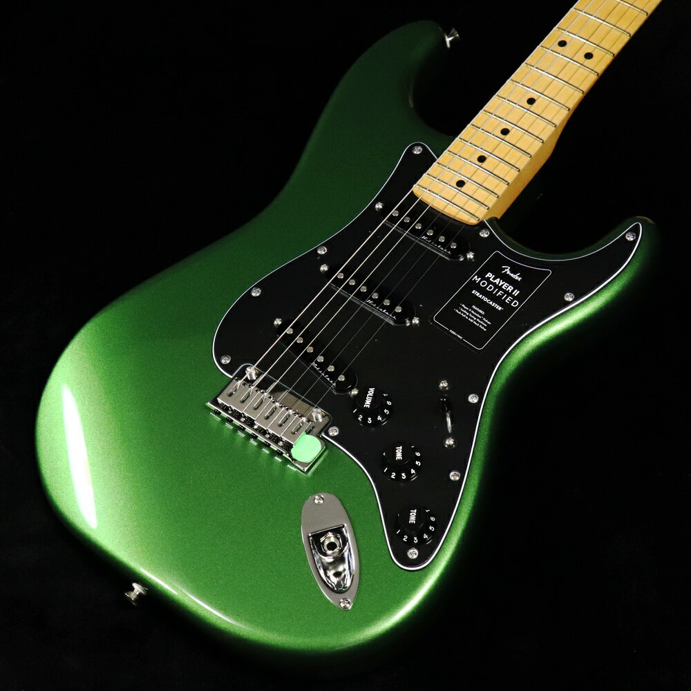 大人気のPlayer IIに様々なアップグレードを施した『Player II Modified』登場！現代のギタリストやベーシストのための主要なアップグレードが施されたPlayer II Modifiedは、あなたのパフォーマンスを次のレベルに引き上げてくれる多用途な製品をラインアップしています。Player II Modified Stratocasterは、モダンプレイヤーを念頭に置いて設計されたクラシカルなギターです。Modern “C”ネックシェイプ、シルキーなサテンウレタンフィニッシュを施したネックバック、9.5インチラジアスのスラブローズウッドまたは1ピースメイプル指板、滑らかにロールオフ処理された指板エッジ、22本のミディアムジャンボフレットなど、ネックに注がれたすべてのディテールが、高速で流れるようなプレイアビリティをサポートします。アルダーボディはフェンダーらしいパンチのあるトーンが特徴で、様々な新しいカラーフィニッシュが用意されています。Player II Noiselessピックアップは、不要なノイズを抑制しながら、クラシックなストラトの煌びやかなトーンを奏で、トーン2ノブに備えられたプッシュ／プルスイッチ機能は、ピックアップポジション1と2が選択されている際にネックピックアップを有効にし、トーンの幅をさらに広げます。2点支持トレモロ、ショートポストロッキングチューナー、TUSQナット、モダンストリングツリーにより、驚異的なチューニングの安定性を実現します。面取りされたトレモロブロックの広い可変幅により、さらに表現力豊かで音楽的なビブラートを得ることが可能です。 ■付属品：デラックスギグバッグ、トレモロアーム、調整用レンチ、メーカー保証書■重量：3.86kg■JAN：0885978509317 ※こちらの商品は現物1点限りを、店頭展示を含め複数のモールに同時掲載しております。 売却に伴う商品情報の削除は迅速を心掛けておりますが、必ずしもリアルタイムではございません。 ご注文後に万一売り切れとなっておりました際は、誠に申し訳ございませんがご容赦くださいませ。 製品仕様 ModelPlayer II Modified Stratocaster Maple Fingerboard Harvest Green MetallicBody MaterialAlderBody FinishGloss PolyesterNeckMaple, Modern “C”Neck FinishSatin UrethaneFingerboardMaple, 9.5” &#40;241 mm&#41;Frets22, Medium JumboPosition InlaysBlack Dot &#40;Maple&#41;Nut Material/WidthTUSQ, 1.650” &#40;42 mm&#41;Tuning MachinesDeluxe Cast/Sealed Locking &#40;all short posts&#41;Scale Length25.5” &#40;64.77 cm&#41;Bridge2-Point Synchronized Tremolo with Block Saddles and Chamfered Tremolo BlockPickguard3-Ply Black/White/BlackPickupsPlayer II Noiseless Strat &#40;Bridge&#41;, Player II Noiseless Strat &#40;Middle&#41;, Player II Noiseless Strat &#40;Neck&#41;Pickup Switching5-Position Blade Auxiliary SwitchingPush/Pull Switch On Tone 2 Adds Neck PickupControlsMaster Volume with Treble-Bleed, Tone 1. &#40;Neck/Middle Pickups&#41;, Tone 2. &#40;Bridge Pickup&#41;Control KnobsBlack PlasticHardware FinishNickel/ChromeStringsFender USA 250L Nickel Plated Steel &#40;.009-.042 Gauges&#41;, PN 0730250403Case/Gig BagIncluded