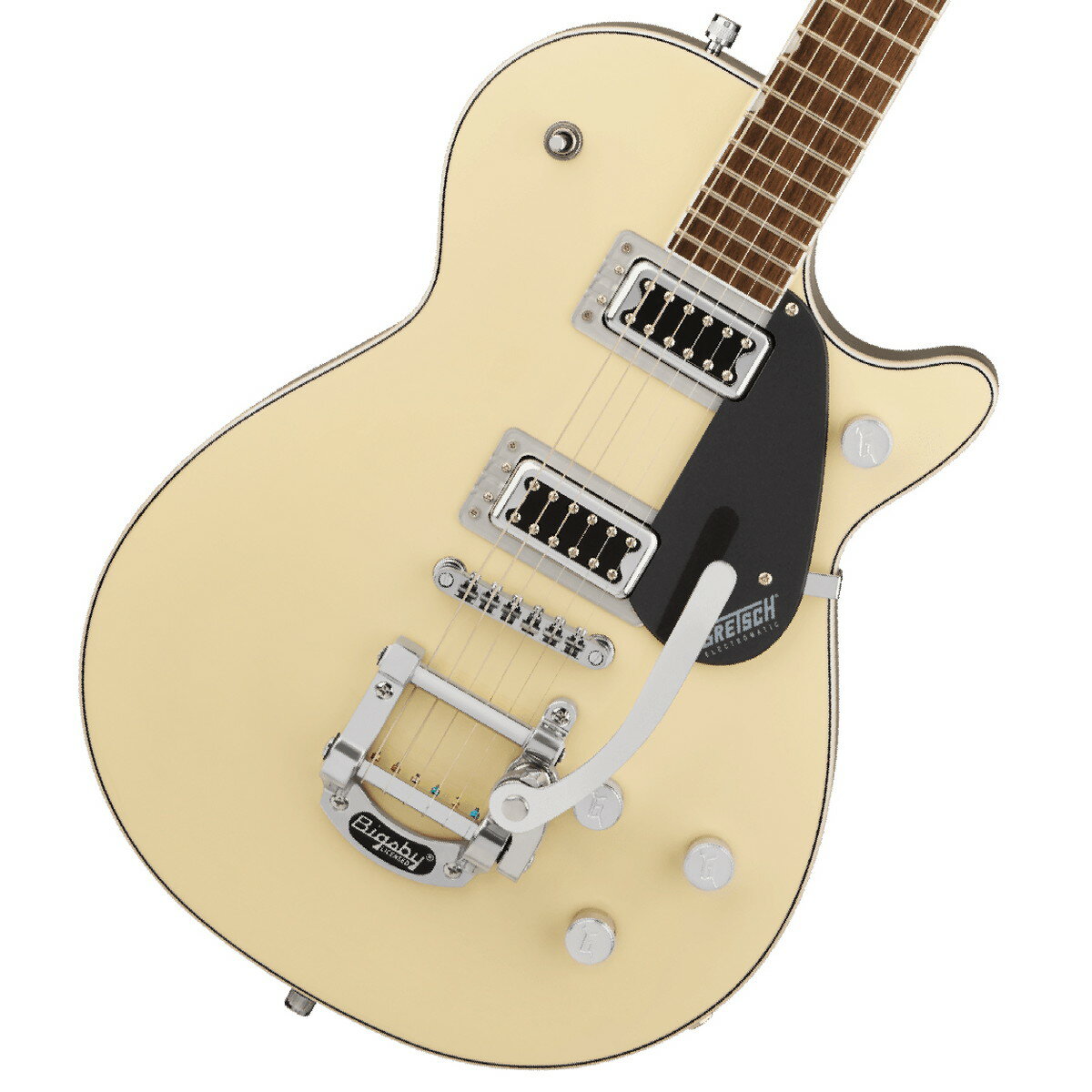 「Gretsch」ブランドの代表モデルの1つ、コンパクトながら「Gretsch」の遺伝子が組み込まれた「Electromatic」シリーズの「Jet」！グレッチのJetに宿るピュアなJetパワーは、65年の歴史の中で、それを使用する特徴的なプレイヤーたちを“象徴するサウンド”となりました。Bigsbyを備えた、全く新しいG5230T Electromatic Jet FT Single-Cut with Bigsbyは、本質的なJetパワーを忠実に再現し、驚くべき価格帯を実現しています。チェンバード・マホガニーボディ-ラウドでクリアかつクラシックなJetのトーンは、メイプルトップのチェンバード・マホガニーボディから始まり、豊かな低音域と中音域、非常に滑らかで存在感のある高音域を生み出します。その結果、堅牢でありながらもバランスの取れた、深い音の基盤を実現しています。 Black Top Filter'TronPU 真髄となる力と明晰さを兼ね備えた、Black Top Filter'Tron PUは、Electromatic Jet FTのチェンバード・ボディを増幅させ強調することで、ワイドでバランスの取れた、クリアなトーンを生み出します。ラウドでパンチの効いたこのJetは、どのレベルのゲインでも、驚くほどの明瞭なサウンドを出力します。そして、ボディとPUが一体となり、豊でレスポンスの良い低音域と中音域を稲妻のような速度で生み出し、またトゲのない輝く高音域を実現しています。Electromatic Jet FTの総合的なトーンコントロール機能には、より完全な調整を可能にする重要な機能が搭載されています。2PU個別のボリュームコントロールにマスタートーン、マスターボリュームとトレブルブリード回路の組み合わせることで、PUとトーンの設定を直感的かつ、広範囲に調整できます。※画像はサンプル画像となります。お届けします個体の画像とは異なります。※お使いのブラウザや閲覧環境によって実際の商品と色が異なる場合がございます。※複数のモールに掲載されているため、売却に伴う商品情報の削除は迅速を心掛けておりますが必ずしもリアルタイムではございません。　ご注文後に万一売り切れとなっておりました際は誠に申し訳ございませんがご容赦くださいませ。 製品仕様 NeckネックMahoganyネックフィニッシュGlossネックシェイプThin UネックSet-Neckフィンガーボードラジアス12inch &#40;305 mm&#41;フィンガーボードの素材LaurelポジションインレイPearloid Neo-Classic Thumbnailフレット数22ナットSynthetic Boneナット幅1.6875inch &#40;42.86 mm&#41;ナットの素材Synthetic BoneフレットサイズMedium Jumboスケール24.6inch &#40;625 mm&#41;ボディボディMahogany with Arched Maple TopボディフィニッシュGlossボディシェイプJetボディトップArched MapleボディバインディングWhite with B/W PurflingボディバックMahoganyBody StyleGretsch Chambered Body Guitarsボディ素材Mahogany with Arched Maple TopブレイシングChamberedウェイスト8.5inch &#40;216 mm&#41;HardwareブリッジAnchored Adjusto-Maticブリッジカバー/テイルピースBigsby B50Bridge MountingAnchoredピックガードLondon Grey with White Gretsch & Electromatic LogoピックアップカバーNickelコントロールノブG-ArrowSwitch TipNickelハードウェアフィニッシュNickelチューニングマシーンDie-CastストリングNickel Plated Steel &#40;.010-.046 Gauges&#41;ネックプレートNoneストラップボタンGretsch Knurled Strap Retainer KnobsElectronicsブリッジピックアップBlack Top Filter&#39;TronネックピックアップBlack Top Filter&#39;TronピックアップコンフィギュレーションFilter&#39;Tron / Filter&#39;TronコントロールVolume 1. &#40;Neck Pickup&#41;, Volume 2. &#40;Bridge Pickup&#41;, Master Volume, Master Toneスウィッチ3-Position Toggle: Position 1. Bridge Pickup, Position 2. Bridge And Neck Pickups, Position 3. Neck Pickup