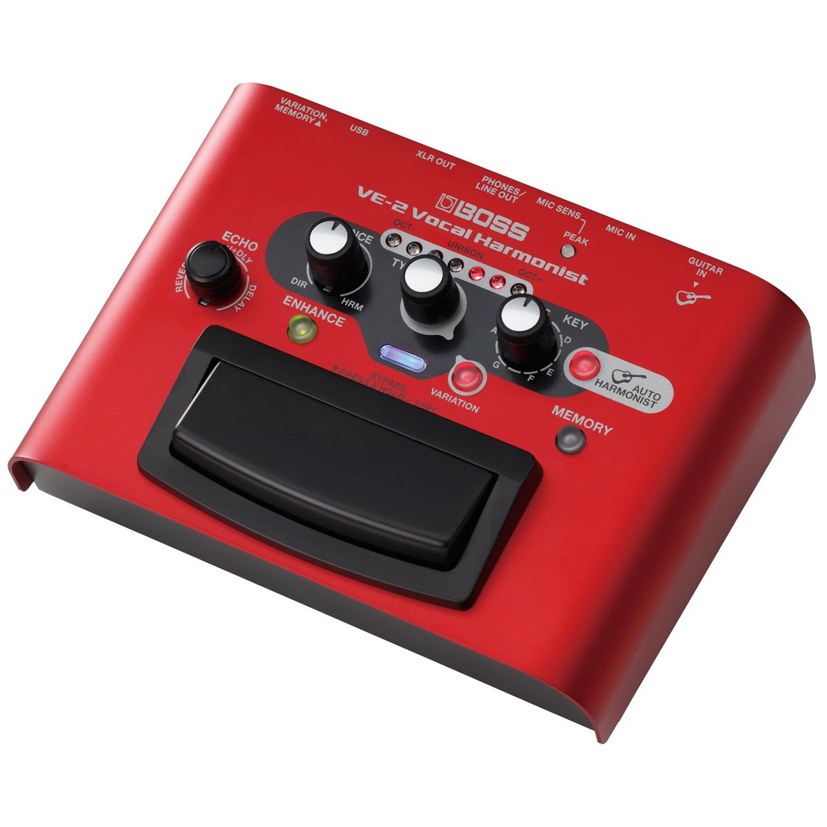 美しいハーモニーでボーカルの表現力を高める簡単操作のペダル・エフェクト。 VE-2 はギター演奏のコード進行を自動分析し美しいハーモニーを生み出す弾き語りミュージシャンに最適なペダル型エフェクターです。高品位なリバーブ／ディレイも搭載し、ボーカルのクオリティを格段に向上させることが可能です。電池駆動にも対応し、ストリート・パフォーマンスでも活躍します。■ ギター・コード進行に合わせて自動的に美しいハーモニーを生成、転調やノンダイアトニック・コードにも対応。■ 手動でのキー設定により楽器を弾かないソロ・ボーカリストでもハーモニー機能を利用可能。■ 手動でのキー設定を基本としつつコード入力にも追従してハーモニーを生成するハイブリッド・モード。■ 24 タイプのハーモニー・エフェクトを搭載（12 タイプの基本ハーモニーにそれぞれバリエーションを用意）。■ ボーカリストに扱いやすいシンプルな操作性。■ 専用ノブを備えた高品位リバーブ／ディレイ。■ 繊細な調整が必要なレベル／ピッチ補正やキーの選択も専用ボタン／ノブによりワンタッチで簡単に操作。■ 電池駆動対応（ファンタム電源供給も可能）でストリート・ライブにも最適。■ 複数のルーティング・モードを搭載したUSB オーディオ機能。主な仕様規定入力レベルMIC IN＝-40dBu（MicSens＝Center）、GUITAR IN＝-10dBu入力インピーダンスMIC IN＝4kΩ、GUITAR IN＝1MΩ規定出力レベルXLR OUT＝-40dBu、PHONES/LINE OUT＝-20dBu、GUITAR THRU＝-10dBu出力インピーダンスXLR OUT＝600Ω、PHONES/LINE OUT＝33Ωエフェクト・タイプHARMONY、ECHO、ENHANCEハーモニー・タイプ数12×2（VARIATION）メモリー数3接続端子MIC IN端子（XLRタイプ、バランス、ファンタム電源（DC 46V、10mA Max））、GUITAR IN端子（標準タイプ）、GUITAR THRU端子（標準タイプ）、XLR OUT端子（XLRタイプ）、PHONES/LINE OUT端子（ステレオ・ミニ・タイプ）、VARIATION, MEMORY▲端子（TRS標準タイプ）、USB COMPUTER端子（USBタイプB）、DC IN端子電源充電式ニッケル水素電池（単3形）×4、アルカリ電池（単3形）×4、ACアダプター（別売）消費電流最大200mA（9V時）連続使用時の電池の寿命充電式ニッケル水素電池（※1）＝約12時間（ファンタム電源：オフ）、約8時間（ファンタム電源：オン）、アルカリ電池＝約11時間（ファンタム電源：オフ）、約7時間（ファンタム電源：オン）：※1：容量2,450mAhの充電式ニッケル水素電池を使用した場合の時間です。：※電池の仕様や使用状態によって異なります。付属品取扱説明書、「安全上のご注意」チラシ、保証書、アルカリ電池（単3形）×4別売品ACアダプター（PSA-100）、フット・スイッチ（FS-5U、FS-6）外形寸法 / 質量幅 (W)156 mm奥行き (D)116 mm高さ (H)64 mm質量600 g