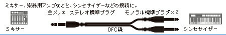 ミキサー・楽器用アンプなどと、シンセサイザーなどの接続用ケーブル。 ステレオ標準ステレオプラグ - モノラル標準プラグ×2 長さ：3m