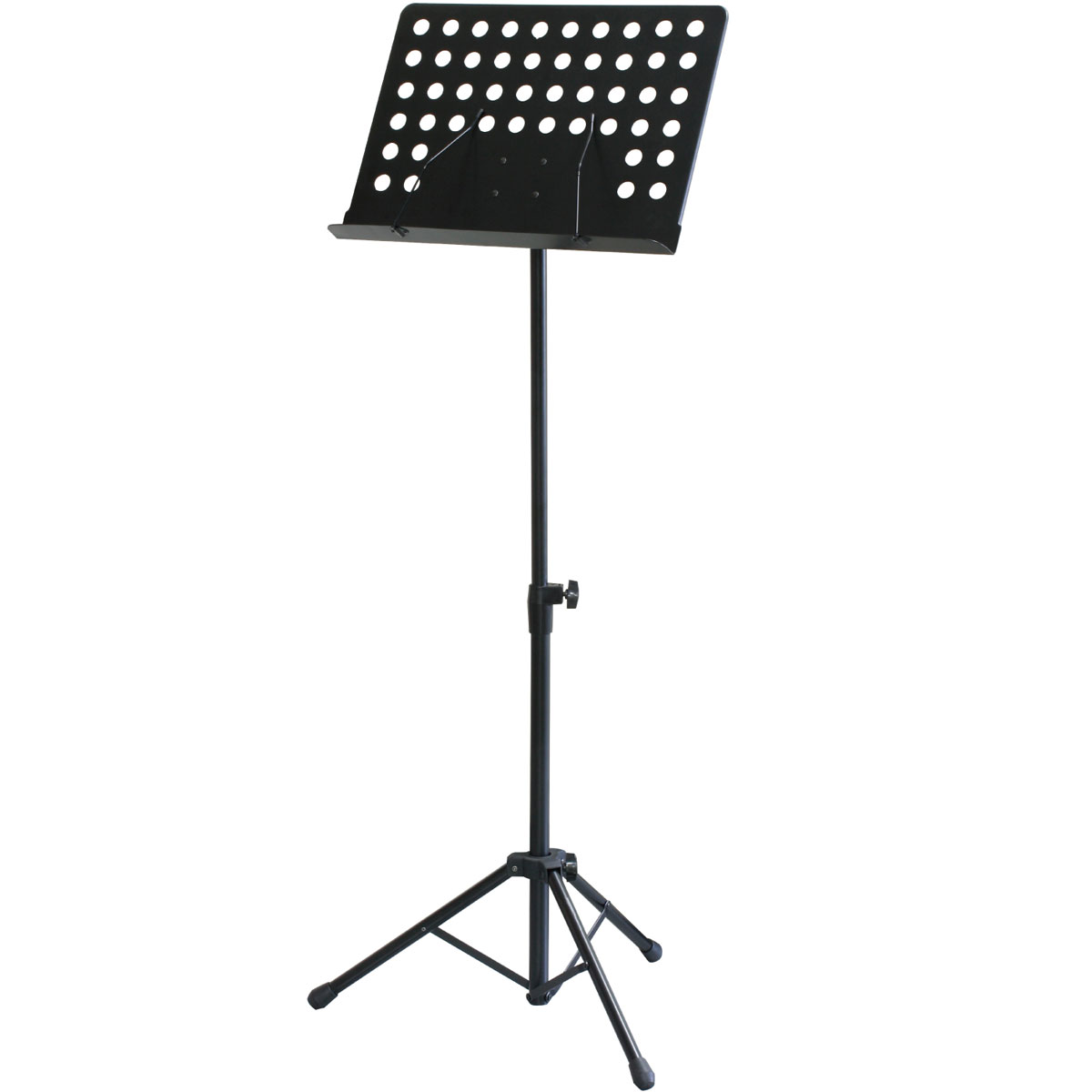 オーケストラ譜面台 譜面部はタテ340mm ヨコ475mm 奥行き50mm と充分な大きさで、高さ550 〜 1050mm で調整出来、座奏、立奏共に便利にご利用頂けます。 角度調整は直感的に操作可能なネジ式を採用。譜面部は奥に倒すことが可能で、高さ最小700mm まで小さくなるので、収納や簡単な運搬も場所を取りません。 また、譜面部は取り外し可能で、運搬などの際は分解して持ち運ぶことも可能です。 ガッチリとした脚部で高い安定性を実現。更に、譜面押さえはバネ式を採用し、確実にページを固定します。 【スペック】 高さ：550mm〜1050mm 譜面部：340mm × 475mm × 50mm 脚部長さ：330mm 折り畳み時高さ：700mm 重量：2.62kg