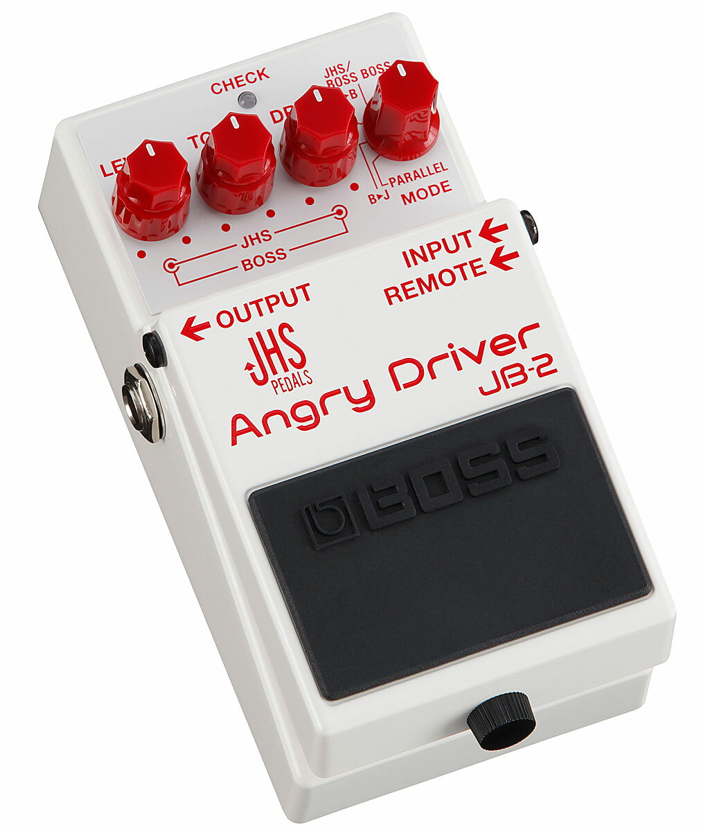 エフェクト・ブランドの雄 “JHS PEDALS” との共同開発によって誕生したドライブ・ペダル ” Angry Driver JB-2” は、2017 年のコンパクトエフェクター 40 周年を機に登場する、米国 JHSPEDALS と BOSS が共同開発したコラボレーション・モデルです。 JB-2 は、両社の音を代表するJHS PEDALS “Angry Charlie” と BOSS ” BluesDriver” の二つのサウンド・キャラクターを搭載。 両サウンド・キャラクターを直列・並列接続することができ、1 台で各々の特長を活かした新たな音作りまでも可能にしたドライブ・ペダルです。 1.JHS PEDALS と BOSS の共同開発による、 今までになく幅広い音色作りが可能なオーバードライブ ・ ペダル 2.JHS PEDALS “Angry Charlie” と BOSS “Blues Driver” をベースにした、2つのサウンド ・ キャラクターを搭載。 3.ドライブ、 トーン、 レベルつまみは2軸仕様で、 サウンド ・ キャラクターごとに独立したコントロールを実現 4.2つのサウンド ・ キャラクターの接続を、 直列や並列に切り替えてさまざまな音作りが可能 5.本体フットスイッチで JHS と BOSS を交互に切り替えるモードも搭載 6.リモートペダルとの組み合わせで、 歪みの切り替えやオン／オフの選択肢が拡大 7.LED インジケーターはマルチカラー仕様。 BOSS モード （青）、 JHS モード （赤）、同時使用 （紫） を表示 8.安心の長期5年保証 BOSS コンパクト ・ エフェクター 40 周年を機に生まれた新たな展開 Angry Driver JB-2 は、JHS PEDALS とBOSS の友好関係と、お互いが持つ革新的なペダル・デザインへの熱意から生まれ ま し た。 Blues Driver BD-2 は、JHSPEDALS 創設者 Josh 氏の長年のお気に入りのペダルであり、また、その修理がきっかけとなり JHS PEDALS をスタートさせました。我々は毎年開催される NAMMSHOW で定期的に訪問し合い、何度もコラボレーションについてのアイデアを共有。2017 年に BOSS コンパクト・エフェクターが 40 周年を迎えたことで、新しいペダルを開発するにいたりました。 コラボレーションによる相乗効果 様々なアイデアを協議し、最終的にはAngry CharlieとBlues Driverの組み合わせこそが理想的なサウンドになるのではないか、と考えました。この2つのペダルを組み合わせた可能性についてはBOSSのSWITCHING SYSTEM ES-8を使用して接続方法、接続順序を変更し、様々な実験を行いました。その結果、互いのペダルがそれぞれの特長を活かしながら、まったく新しいサウンドへ進化すると確信することができました。Angry Charlie のサウンドは、まさにBOSSが持っていないトーンであり、Blues Driver の幅広いゲイン・コントロールは、Angry Charlieへ絶妙なキャラクター変化のアクセントを加える事ができるものでした。 無限の可能性を秘めたサウンド ・ バリエーション Angry DriverJB-2は、2つのサウンド・キャラクター、2軸のつまみ、6つのモードを搭載することで、非常に幅広い音作りを実現しました。BluesDriverは、ブーストからオーバードライブ・サウンドまで、非常にフレキシブルな使用が可能なペダルです。そして、Angry Charlieはオーバードライブからディストーションまでをカバーした分厚いサウンドが特長です。搭載されたこの2つのサウンド・キャラクターは、すべてのバリエーションで演奏した際にお互いの特長が活かされるよう特別なチューニングが施されています。また、6つのモードは、それぞれ単独での使用から、直列接続、並列接続まで幅広いルーティングを選択することができます。直列接続では、接続順序ごとのルーティングを用意しており、一方のサウンドで、もう一方のサウンドをブーストすると言った音作りが可能となっています。並列接続では、ピッキング・ニュアンスに応じてトーンが変化するような音作りを実現しています。またリモート・ジャックにオプションのフット・スイッチ（FS-5L/FS-6/FS-7）を接続すれば、さらにフレキシブルにサウンド・キャラクターの切替やON／OFFが可能になり、そのサウンド・バリエーションは1台のペダルから奏でられているとは思えないほどの表現力を発揮します。 JHS PEDALS とは JHS PEDALS は、米国カンザスシティーのエフェクター・ブランドです。創設者の Josh Scott 氏は、Blues Driver の修理をしたことをきっかけに、2007 年初めにJHS PEDALS を設立。今日では世界中で見ることのできるエフェクター・ブランドとして知られています。Josh 氏の、長年にわたるツアーやセッションを通じて学んだ経験を元に、JHS PEDALS では、革新的で高品質なエフェクトをラインナップ展開しています。 ▼JHS MODE JHS PEDALS を代表するエフェクターの一つ、 「Angly Charlie」 をベースに設計したハイゲイン ・ ディストーション。ブリティッシュ ・ スタックアンプ特有の、 豊かな低音と分厚いミッドレンジが特長のサウンド。 ▼BOSS MODE BOSS 「Blues Driver BD-2」 をベースに設計したオーバードライブ。 ギターのボリュームやピッキング ・ ニュアンスによる表現力と、 ゲイン可変幅の広さが特長。 主な仕様 規定入力レベル -20dBu入力インピーダンス 1M Ω規定出力レベル -20dBu出力インピーダンス 1k Ω推奨負荷インピーダンス 10k Ω以上コントロール ペダル ・ スイッチ、 MODE つまみ、 DRIVE つまみ、 TONE つまみLEVEL つまみインジケーター CHECK インジケーター （バッテリー ・ チェック兼用）接続端子INPUT 端子、OUTPUT 端子、REMOTE 端子、AC アダプター端子 （DC9V）電源アルカリ電池 （9V 形） または、マンガン電池 （9V 形）、AC アダプター （別売）消費電流 50mA連続使用時の電池の寿命 （使用状態によって異なります）アルカリ電池 約 9.5 時間 マンガン電池 約 2.5 時間外形寸法 73 （幅） × 129 （奥行） × 59 （高さ） mm質量（乾電池含む） 440g付属品保証書、 取扱説明書、 チラシ （安全上のご注意、 使用上のご注意、サービスの窓口）、 アルカリ電池 （9V 形、 本体に接続済み）別売品 AC アダプター （PSA-100）、 フットスイッチ （FS-5L、 FS-6、 FS-7）※ 0dBu ＝ 0.775Vrms