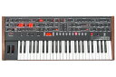 Prophet-5が発売された1978年からおよそ40年、「5」から「6」へ王位は継承されます。これからの音楽史に数々の伝説を打ち立てる、キング・オブ・アナログ・ポリフォニック・シンセサイザーが誕生しました。 連続可変可能なディスクリートVCO Prophet-5にインスパイアされたVCF Prophet-6の温かくパンチの効いたサウンドは、ボイス毎に2基ずつ搭載された新設計のディスクリートVCOに依るものです。オシレーターの波形は三角波、ノコギリ波、矩形波/パルス波をノブで連続可変できるので、三角波とノコギリ波のミックスやノコギリ波と矩形波のミックスといった、Prophet-5では不可能だった微妙なニュアンスを持った波形も作り出せます。パルス波のパルスワイズは別に用意されたパルスワイズノブで変更します。もちろんオシレーターシンクを搭載しているので、鋭いエッジの効いたシンクリードサウンドなども演奏可能。Slopコントロールはヴィンテージを再現したランダムなチューニングのゆらぎをオシレーターに加え、温かくファットなサウンドにします。 フィルターはボイス毎にProphet-5にインスパイアされた4ポール・レゾナントフィルターと、Prophet-5では不可能だった音作りを可能にする4ポール・レゾナント・ハイパスフィルターを搭載しています。キーボード・トラッキングをフルにすればカットオフ・フリケンシーは完全にキーボードに追従するので、発振音をオシレーター代わりにした音作りができます。Prophet-6のフィルター発振により生成されるサイン波は美しく、Prophet-5の様に透き通る様なポルタメント・リードを演奏できます。 ポリフォニック・ステップ・シーケンサーと柔軟なアルペジエータートゥルーバイパスも可能なデジタルエフェクトを搭載 ポリフォニック・ステップ・シーケンサーは和音も用いたシーケンスを作成できる、パワフルなライヴパフォーマンスツールです。非常にシンプルなステップ入力打ち込み即座にプレイバックできます。最大64ステップ、各ステップに6ノートを記録可能。パネル上部のプレイボタンを押す事でプレイバックします。 アルペジエーターはUP、DOWNなど全5モード、最大3オクターブでアルペジオを演奏可能です。HOLDボタンを併用すれば鍵盤から手を離してもアルペジオを継続します。 ポリフォニック・ステップシーケンサー、アルペジエーター、テンポディレイのBPMはCLOCKセクションで設定します。テンポの分解能の設定とタップテンポによるBPMの設定も可能。外部MIDIクロックともMIDIシンクが可能なので、シーケンサーやドラムマシンとの正確な同期演奏にも対応できます。さらに本体背面のSEQUENCEジャックにドラムトラック等のオーディオソースを入力して、オーディオ信号との同期演奏も可能です。 Prophet-6にはヴィンテージサウンドにさらに磨きをかけるスタジオクオリティのデジタルエフェクトが搭載されています。このエフェクトはステレオ24bit 48kHzで内部処理され、サウンドを完成させます。 熱心なアナログフリークの中には「せっかくのアナログサウンドがデジタル処理されるのは…」とデジタル処理を敬遠される方もいるかもしれません。Prophet-6のエフェクトブロックはトゥルーバイパスも可能なので、ピュアなアナログサウンドを100%そのまま出力する事も可能です。アナログ処理で出力されたまま、お気に入りのアンプやエフェクターに入力して楽しむ事もできます。 デジタルエフェクトとは別に、心地よい歪みを加えるステレオ・アナログ・ディストーションを搭載。歪みを与える事でサウンドを際立たせ、より主張の強いサウンドに仕上げる事もできます。 Prophet-5を受け継ぐ優れた操作性 分かりやすいパネルレイアウトとダイレクトアクセス ディスプレイは現代的な液晶や有機ELなどではなく、クラシックな3桁の7セグメントLEDディスプレイを採用しています。音色に名前を付ける事はなく、全て3桁プログラムナンバーで表示します。音色の選択はProphet-5を受け継ぐクラシックスタイルで、ディスプレイ左のバンクボタンを押して0?9までのバンクを選択、ディスプレイ右のTENSボタンでプログラムナンバーの10の位を選択、そしてディスプレイ右の0?9まで並んだプログラムボタンを押して音色を選択します。10の位ごとに使う音色をプロジェクトや曲毎に設定しておけば、プログラムボタンを押すだけでダイレクトに音色を選択できます。 音作りに関係するほぼ全てのパラメーターはコントロール・パネル上に配置されており、面倒な階層表示やボタンによる機能の切り替えはありません。一度に全てを見渡しながら、音作りに集中出来る設計です。 音色はプリセット500プログラム、ユーザー500プログラム、合計1000プログラムもの膨大な音色を記憶可能です。 プログラムボタン等に採用されているProphet-5と同じ形のヴィンテージスタイルのボタンは押し心地が良く、プログラムの切り替えと同時に演奏者の気持ちをも切り替えてくれるでしょう。Prophet-5を演奏した事のある方には懐かしく、初めての方にも心地よいインスピレーションを与えてくれます。 Prophet-5のサウンドデザイナーJohn Bowenによる オリジナルProphet-5を再現したプリセットも収録 John BowenはオリジナルのProphet-5をはじめ、Prophet-10、Prophet-T8、Prophet-VSなどSequential製品のほとんどのプリセット・サウンドプログラムを担当しました。多くのシンセサイザーメーカーを渡り歩き、現在も自身のブランドのシンセサイザーを開発するなど、第一線で活躍しています。 「私はDaveから最初にProphet-6の話を聞いた際、Prophet-5のファクトリープログラムをそのまま再現可能かどうか非常に興味がありました。彼は是非それを試してみてくれと私に言いました。Prophet-6を受け取った時、新しく追加された機能に感銘を受けました。私が設計したオリジナルのPoly MdulationをDaveはバイポーラーにし、より柔軟性に富んだ音作りを可能にしました。ハイパスフィルターが搭載された事で、Prophet-5では作り出す事の出来ないサウンドを作成できます。私は過去に作成したプリセットサウンドのほとんどを正確に再現できる事が幸せでした。新しく追加されたデジタル・エフェクトでそれらに更に磨きをかける事ができました。私は今日のマーケットに於いてこのデジタル・エフェクトはは欠く事のできない重要な機能だと思います。私はDaveがこの素晴らしいシンセを作り出した事を祝福します！」 Prophet-6のプリセットナンバー411から458が、Prophet-5の1-1から5-8のプリセットに相当します。 数々の名曲で使用された「あのサウンドたち」を自身の手で演奏する事も、伝説のプログラムを元にして新しいサウンドを作り出す事もできます。 49鍵セミウェイテッド・キーボードを搭載 10Kgを切る可搬性 Prophet-6はベロシティとアフタータッチに対応した高品位な49鍵セミウェイテッドキーボードを搭載しています。繊細なキータッチによる演奏表現にも応えてくれるでしょう。 コントローラーはピッチベンダーと好きなパラメーターをアサイン可能なアサイナブル・モジュレーション・ホイールを搭載。サスティン・ペダルやフットスイッチも接続可能です。 重さは10Kgを切る9.5Kgと軽量です。スタジオやライヴ会場へもコンパクトに持ち運びが可能で、なおかつ激しい演奏時に本体が動いてしまう事の無いバランスの取れた重量設計です。 主な仕様 パッチメモリー 500ユーザープログラム + 500ファクトリープログラムを100プログラム x 10バンクに記憶 ダイレクト・プログラム・アクセス, Prophet-5スタイルの10個のプログラムボタンによるプログラムへのダイレクトアクセス 入出力 メインステレオ・アウトプット L/Mono, R(2 × 6.3mm フォンジャック) ヘッドフォン・アウトプット(6.3mm ステレオ・フォンジャック) MIDI IN, MIDI OUT, MIDI THRU USBによる双方向MIDIコミュニケーション ローパス・フィルター・カットオフ用 エクスプレッション・ペダル IN ボリューム用 エクスプレッション・ペダル IN サスティン・フットスイッチ IN シーケンサー スタート/ストップ フットスイッチIN 電源仕様 IEC AC パワーインレット 100V ? 240V AC 50 - 60Hz ? 30W 外形寸法&amp;重量 外形寸法:81.3(W)×32.3(D)×11.7(H)cm 重量:9.5kg UD20190203Sequential( Dave Smith Instruments) Prophet-6 DAVE SMITHよりついにあの名機の後継がついに！！ そしてオリジナルブランドネーム「Sequential」復活！ リアル・アナログポリ音源にデジタルエフェクトやステップ・シーケンサー を搭載し現代的な幅広い音作りを可能にした「Prophet-6」！！ Overview SEQUENTIAL 「Prophet-6」(プロフェット シックス)は、1978年に発売された 伝説のキング・オブ・アナログ・ポリフォニック・シンセサイザー Sequenti al Circuits 「Prophet-5」 の設計思想をを受け継ぐ、6ボイス・アナログ・ ポリフォニック・シンセサイザーです。 Prophet-5 にインスパイアされたトゥルー・アナログのVCO、VCF、VCA、Prop het-5 サウンドのコアの一つである「ポリモジュレーション」を搭載。そして ハイパス・フィルター、スタジオクオリティのエフェクト、ポリフォニック・ ステップ・シーケンサー、アルペジエーター等の機能が加わり、Prophet-5 で 確立されているヴィンテージ・クラシックサウンドを実現しつつ、現代的な音 作りとよりハイクオリティで幅広いサウンドを実現しました。温かみのあるエ レクトリックピアノ、重厚なブラス、包み込む様なストリングスなどのヴィン テージサウンドはもちろん、エフェクトによる気の遠くなる様な美しい広がり のあるサウンドを実現。 内蔵された500ものファクトリー・プリセットサウンドの中には、Prophet-5の プリセットサウンドを手がけたサウンドデザイナー、John BowenによるProphe t-5のサウンドを再現したプリセットも用意。数々の名曲で使われたあのサウ ンド達も演奏する事が可能です。 Prophet-5が発売された1978年からおよそ40年、「5」から「6」へ王位は継承 されます。 これからの音楽史に数々の伝説を打ち立てる、キング・オブ・アナログ・ポリ フォニック・シンセサイザーが誕生しました。 Feature 連続可変可能なディスクリートVCO Prophet-5にインスパイアされたVCF Prophet-6の温かくパンチの効いたサウンドは、ボイス毎に2基ずつ搭載された 新設計のディスクリートVCOに依るものです。オシレーターの波形は三角波、 ノコギリ波、矩形波/パルス波をノブで連続可変できるので、三角波とノコギリ 波のミックスやノコギリ波と矩形波のミックスといった、Prophet-5では不可能 だった微妙なニュアンスを持った波形も作り出せます。パルス波のパルスワイ ズは別に用意されたパルスワイズノブで変更します。もちろんオシレーターシ ンクを搭載しているので、鋭いエッジの効いたシンクリードサウンドなども演 奏可能。Slopコントロールはヴィンテージを再現したランダムなチューニング のゆらぎをオシレーターに加え、温かくファットなサウンドにします。 フィルターはボイス毎にProphet-5にインスパイアされた4ポール・レゾナント フィルターと、Prophet-5では不可能だった音作りを可能にする4ポール・レゾ ナント・ハイパスフィルターを搭載しています。キーボード・トラッキングを フルにすればカットオフ・フリケンシーは完全にキーボードに追従するので、 発振音をオシレーター代わりにした音作りができます。Prophet-6のフィルター 発振により生成されるサイン波は美しく、Prophet-5の様に透き通る様なポル タメント・リードを演奏できます。 ポリフォニック・ステップ・シーケンサーと柔軟なアルペジエーター トゥルーバイパスも可能なデジタルエフェクトを搭載 ポリフォニック・ステップ・シーケンサーは和音も用いたシーケンスを作成で きる、パワフルなライヴパフォーマンスツールです。非常にシンプルなステッ プ入力打ち込み即座にプレイバックできます。最大64ステップ、各ステップに 6ノートを記録可能。パネル上部のプレイボタンを押す事でプレイバックします。 アルペジエーターはUP、DOWNなど全5モード、最大3オクターブでアルペジオを 演奏可能です。HOLDボタンを併用すれば鍵盤から手を離してもアルペジオを継 続します。 ポリフォニック・ステップシーケンサー、アルペジエーター、テンポディレイ のBPMはCLOCKセクションで設定します。テンポの分解能の設定とタップテンポ によるBPMの設定も可能。外部MIDIクロックともMIDIシンクが可能なので、シ ーケンサーやドラムマシンとの正確な同期演奏にも対応できます。さらに本体 背面のSEQUENCEジャックにドラムトラック等のオーディオソースを入力して、 オーディオ信号との同期演奏も可能です。 Prophet-6にはヴィンテージサウンドにさらに磨きをかけるスタジオクオリティ のデジタルエフェクトが搭載されています。このエフェクトはステレオ24bit 48kHzで内部処理され、サウンドを完成させます。 熱心なアナログフリークの中には「せっかくのアナログサウンドがデジタル処 理されるのは…」とデジタル処理を敬遠される方もいるかもしれません。Prop het-6のエフェクトブロックはトゥルーバイパスも可能なので、ピュアなアナ ログサウンドを100%そのまま出力する事も可能です。アナログ処理で出力され たまま、お気に入りのアンプやエフェクターに入力して楽しむ事もできます。 デジタルエフェクトとは別に、心地よい歪みを加えるステレオ・アナログ・デ ィストーションを搭載。歪みを与える事でサウンドを際立たせ、より主張の強 いサウンドに仕上げる事もできます。 Prophet-5を受け継ぐ優れた操作性 分かりやすいパネルレイアウトとダイレクトアクセス ディスプレイは現代的な液晶や有機ELなどではなく、クラシックな3桁の7セ グメントLEDディスプレイを採用しています。音色に名前を付ける事はなく、 全て3桁プログラムナンバーで表示します。音色の選択はProphet-5を受け継ぐ クラシックスタイルで、ディスプレイ左のバンクボタンを押して0?9までの バンクを選択、ディスプレイ右のTENSボタンでプログラムナンバーの10の位 を選択、そしてディスプレイ右の0?9まで並んだプログラムボタンを押して 音色を選択します。10の位ごとに使う音色をプロジェクトや曲毎に設定して おけば、プログラムボタンを押すだけでダイレクトに音色を選択できます。 音作りに関係するほぼ全てのパラメーターはコントロール・パネル上に配置 されており、面倒な階層表示やボタンによる機能の切り替えはありません。 一度に全てを見渡しながら、音作りに集中出来る設計です。 音色はプリセット500プログラム、ユーザー500プログラム、合計1000プログ ラムもの膨大な音色を記憶可能です。 プログラムボタン等に採用されているProphet-5と同じ形のヴィンテージスタ イルのボタンは押し心地が良く、プログラムの切り替えと同時に演奏者の気 持ちをも切り替えてくれるでしょう。Prophet-5を演奏した事のある方には 懐かしく、初めての方にも心地よいインスピレーションを与えてくれます。 Prophet-5のサウンドデザイナーJohn Bowenによる オリジナルProphet-5を再現したプリセットも収録 John BowenはオリジナルのProphet-5をはじめ、Prophet-10、Prophet-T8、 Prophet-VSなどSequential製品のほとんどのプリセット・サウンドプログラ ムを担当しました。多くのシンセサイザーメーカーを渡り歩き、現在も自身 のブランドのシンセサイザーを開発するなど、第一線で活躍しています。 「私はDaveから最初にProphet-6の話を聞いた際、Prophet-5のファクトリー プログラムをそのまま再現可能かどうか非常に興味がありました。彼は是非 それを試してみてくれと私に言いました。Prophet-6を受け取った時、新しく 追加された機能に感銘を受けました。私が設計したオリジナルのPoly Mdula tionをDaveはバイポーラーにし、より柔軟性に富んだ音作りを可能にしまし た。ハイパスフィルターが搭載された事で、Prophet-5では作り出す事の出来 ないサウンドを作成できます。私は過去に作成したプリセットサウンドのほ とんどを正確に再現できる事が幸せでした。新しく追加されたデジタル・エ フェクトでそれらに更に磨きをかける事ができました。私は今日のマーケッ トに於いてこのデジタル・エフェクトはは欠く事のできない重要な機能だと 思います。私はDaveがこの素晴らしいシンセを作り出した事を祝福します！」 Prophet-6のプリセットナンバー411から458が、Prophet-5の1-1から5-8のプ リセットに相当します。 数々の名曲で使用された「あのサウンドたち」を自身の手で演奏する事も、 伝説のプログラムを元にして新しいサウンドを作り出す事もできます。 49鍵セミウェイテッド・キーボードを搭載 10Kgを切る可搬性 Prophet-6はベロシティとアフタータッチに対応した高品位な49鍵セミウェイ テッドキーボードを搭載しています。繊細なキータッチによる演奏表現にも 応えてくれるでしょう。 コントローラーはピッチベンダーと好きなパラメーターをアサイン可能なア サイナブル・モジュレーション・ホイールを搭載。サスティン・ペダルやフ ットスイッチも接続可能です。 重さは10Kgを切る9.5Kgと軽量です。スタジオやライヴ会場へもコンパクト に持ち運びが可能で、なおかつ激しい演奏時に本体が動いてしまう事の無い バランスの取れた重量設計です。