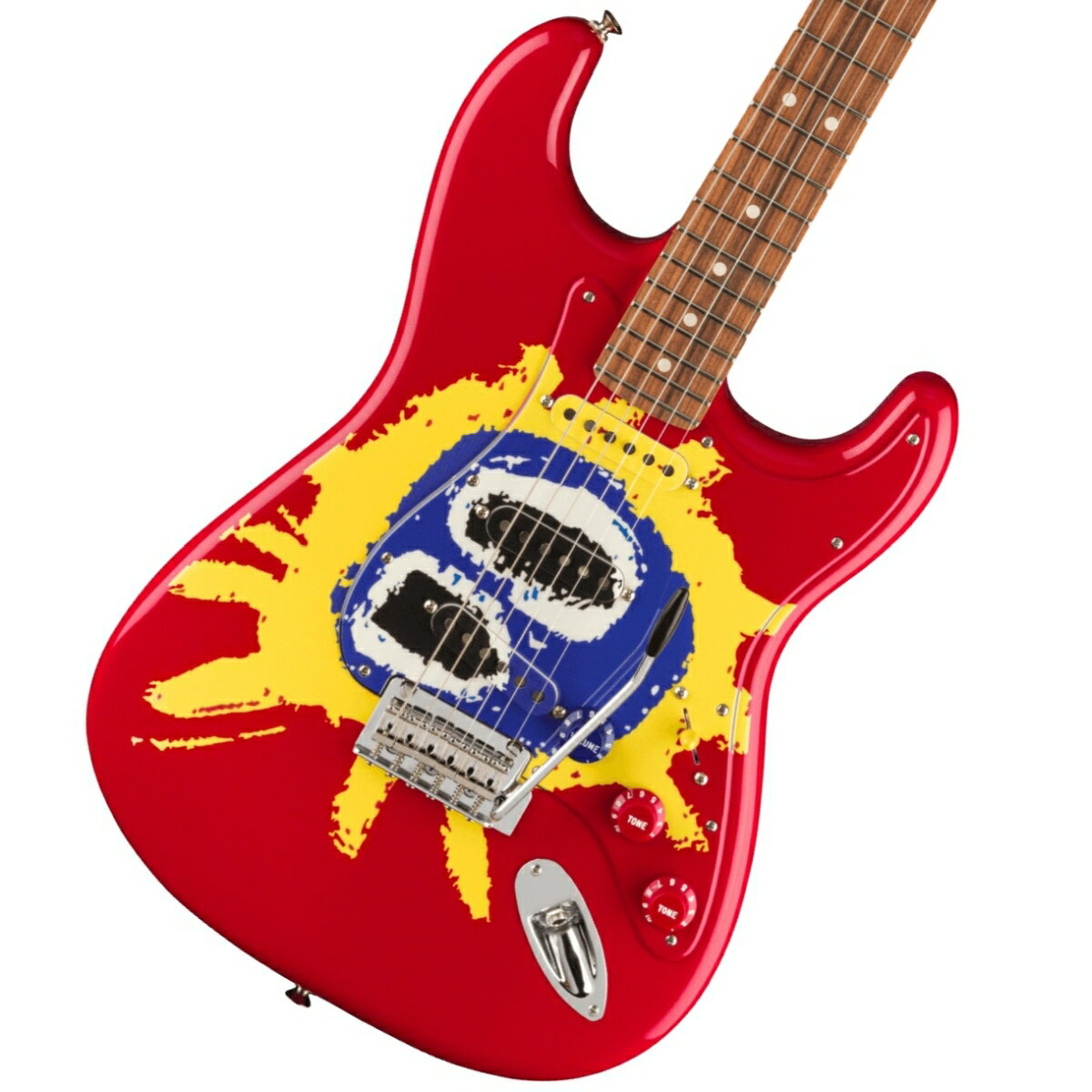 限定モデル『Screamadelica 30thAnniversary Stratocaster』登場！ 1991年に発売されたPrimal Scream (プライマルスクリーム) のアルバム『Screamadelica』は、インディーロックのソングライティングとアシッドハウス向けのサウンドプロダクションが融合 した作品で、スコットランド出身の彼らを一躍、世界的なスターダムへと押し上げました。 限定モデルとして登場した『Screamadelica 30th Anniversary Stratocaster』は、このアルバムを記念して、ピックガード、ピックアップカバー、ノブを含め、赤、黄、青のアルバムアートを表現したユニークなグラフィックを採用しています。 Modern “C”シェイプのメイプルネック、9.5インチラジアスのパーフェロ指板、ミディアムジャンボフレットを採用し、モダンな演奏性と快適性を実現しています。 2点支持のシンクロナイズドトレモロ、”F”ロゴ入りのネックプレート、デラックスギグバッグが付属されます。 ■付属品：ソフトケース、トレモロアーム、メーカー正規保証書※画像はサンプルです。 主な仕様 Body Material: Alder Body Finish: Gloss Polyester Neck: Maple, Modern “C” Neck Finish: Polyurethane Fingerboard: Pau Ferro, 9.5” (241 mm) Frets: 22, Medium Jumbo Position Inlays: White Pearloid Dot (Pau Ferro) Nut (Material/Width): Synthetic Bone, 1.650” (42 mm) Tuning Machines: Vintage Style Scale Length: 25.5” (648 mm) Bridge: 2-Point Synchronized Tremolo with Bent Steel Saddles Pickguard: Painted Plastic Pickups: Vintage-Style ‘60s Single-Coil Strat(R) (Bridge), Vintage-Style ‘60s Single-Coil Strat(R) (Middle),Vintage-Style ‘60s Single-Coil Strat(R) (Neck) Pickup Switching: 5-Position Blade: Position 1. Bridge Pickup, Position 2.Bridge and Middle Pickup, Position 3. Middle Pickup, Position 4. Middle and Neck Pickup, Position 5. Neck Pickup Controls: Master Volume, Tone 1. (Neck/Middle Pickups), Tone 2. (Bridge Pickup) Control Knobs: Stratocaster(R)-Style Skirt Hardware Finish: Nickel/Chrome Strings: Fender(R) USA 250L Nickel Plated Steel (.009-.042 Gauges), PN 0730250403 Case/Gig Bag: Included: Deluxe Gig Bag