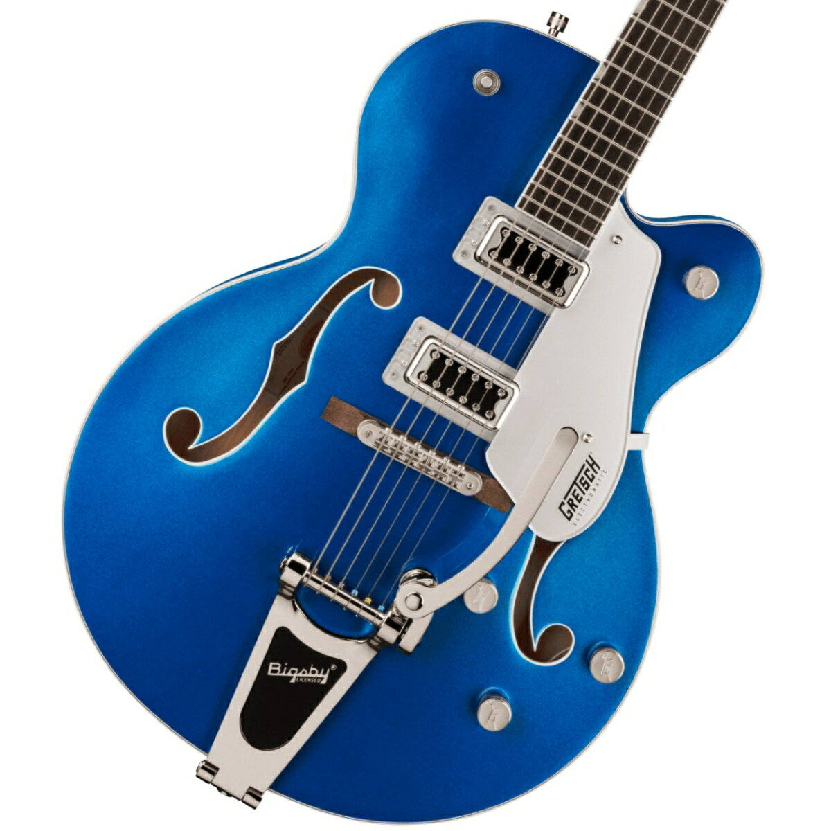 50年代や60年代にインスパイアを受けた、全く新しいElectromatic Classic Hollow Bodyギター クラシックな’50年代や60年代のGretschサウンドとスタイルにインスパイアを 受けた、全く新しいElectromatic Classic Hollow Bodyギターです。 定番のGretschホロウボディが響かせるサウンド、スタイル、そしてプレイアビリティを備えたこのモデルはネクストレベルを目指すギタリストに最適です。 G5420T Electromatic(R) Classic Hollow Body Single-Cut with Bigsby(R)は、ヴィンテージにインスパイアされた洗練されたアーチを備えたラミネートメイプルボディと、不要なフィードバックノイズを軽減する全く新しいトレッスルブロックブレース設計を採用しています。 ボディトップとバックの間に強度の高い接着を施した、新しいトレッスルブロック設計は、より的確でスナップの効いたトーン、より伸びやかでスピーディなレスポンスで攻撃力の高いサウンドをもたらします。 全く新しいFT-5E Filter?Tron(TM)ピックアップと相まって、このホロウボディサウンドは強力なフルボディパンチを放ち、クラシカルな煌びやかさと増強された存在感、明瞭で正確なプレイを加速させます。 全く新しいクラシック「C」シェイプのメイプルネックは、プレイアビリティとパフォーマンスを向上させ、快適な演奏感をもたらす、12インチラジアスのローレル 指板を備えています。 生き生きとした響きを提供するG5420Tは、トレブルブリードサーキットとマスターボリュームを含む、様々なアップグレードを施されたコントロール部を持ち、 マスタートーン、個々のピックアップボリュームコントロールと3ポジションピックアップトグルスイッチ、特大のバウンドFホール、マルチプライボディバインディング、バインディング加工された50年代後半の小ぶりなG6120バウンドヘッドストック、ヴィンテージスタイルのオープンバックチューニングマシン、GraphTech(R) NuBone(R)ナット、パーロイドのeo-Classic(TM)サムネイルインレイ、安定したAdjusto-Matic(TM)ブリッジ、Bigsby(R) B60ヴィブラートテールピースを備えています。 この素晴らしいギターは、ブラックピックガードのAirline Silverまたは、シルバーピックガードのAzure Metallic、Orange Stain、Walnut Stainから選べ、誉れ高いそのサウンドを引き立てます。 ※画像はサンプルです。■付属品：ソフトケース、メーカー正規保証書 主な仕様 Body Material: Laminated Maple Body Finish: Gloss Neck: Maple, Classic “C” Neck Finish: Gloss Fingerboard: Laurel, 12” (305 mm) Frets: 22, Medium Jumbo Position Inlays: Pearloid Neo-Classic(TM) Thumbnail (Laurel) Nut (Material/Width): Graph Tech(R) NuBone(TM), 1.6875” (42.86 mm) Tuning Machines: Vintage-Style Open-Back Scale Length: 24.6” (625 mm) Bridge: Adjusto-Matic(TM) with Secured Laurel Base Pickguard: Black Plexi w/ Silver Gretsch(R) & Electromatic(R) Logos (547), Silver Plexi w/ Black Gretsch(R) & Electromatic(R) Logos (551), Silver Plexi with Black Gretsch(R) and Electromatic(R) Logos (512, 517) Pickups: FT-5E Filter’Tron(TM) (Bridge), (Middle), FT-5E Filter’Tron(TM) (Neck) Pickup Switching: 3-Position Toggle: Position 1. Bridge Pickup, Position 2. Bridge And Neck Pickups, Position 3. Neck Pickup Controls: Volume 1. (Neck Pickup), Volume 2. (Bridge Pickup), Master Volume with Treble Bleed, Master Tone Control Knobs: G-Arrow Hardware Finish: Nickel Strings: Nickel Plated Steel (.011-.049 Gauges) Case/Gig Bag: Gigbag