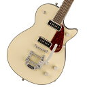 GretschエレクトロマチックNEWモデル！ Electromatic Jetは、無駄を一切排除した、完璧でピュア、そしてパワフルなGretschギターです。 大胆でダイナミック、そして明瞭なグレッチ本来のサウンド、洗練されたスタイリング、そして快適な演奏性を備えた、ワンランク上の楽器を求めるプレイヤーに最適な楽器です。 G5210T-P90 Electromatic Jet Two 90 Single-Cut with Bigsbyは、Jetのパワーと機能性をそのままに、お求めやすい驚くべき価格でご提供します。 主な特徴 ・力強いサウンドと優れた音響バランスを実現するメイプルトップのチェンバードマホガニーボディ ・低めにセッティングされたThin “U”マホガニーネック ・12インチラジアスローレル指板、22本のミディアムジャンボフレットとパーロイドNeo-Classicサムネイルインレイ ・新開発のP-90E Single-Coilピックアップを搭載 ・トレブルブリード回路付きマスターボリューム、マスタートーン、各ピックアップのボリュームコントロール ・Bigsby B50 Vibratoテイルピース ・固定式Adjusto-Maticブリッジ・ニッケルハードウェア 【メイプルトップのチェンバードマホガニーボディ】 チェンバードマホガニーボディにメイプルトップを備え、パワフルなクラシックJetサウンドを提供します。 【新開発のP-90Eピックアップ】 P-90E Single-Coilピックアップが、ワイドでバランスのとれた透明感のあるトーンを生み出し、厚みのあるアグレッシブなオーバードライブから澄み渡るクリーントーンまで、優れた明瞭度とトーンバランスを実現。 【多彩なコントロール】 各ピックアップのボリュームコントロール、マスタートーン、トレブルブリード回路付きマスターボリュームとを備え、直感的なサウンド設計が可能です。 ※画像はサンプルです。 製品仕様 Body Material MahoganyBody Finish GlossNeck Mahogany, Thin “U”Neck Finish GlossFingerboard Laurel, 12” &#40;305 mm&#41;Frets 22, Medium JumboPosition Inlays Pearloid Neo-Classic　 Thumbnail &#40;Laurel&#41;Nut &#40;Material/Width&#41; Synthetic Bone, 1.6875” &#40;42.86 mm&#41;Tuning Machines Die-Cast SealedScale Length 24.6” &#40;625 mm&#41;Bridge Adjusto-Matic　Pickguard Tortoise with Gold Gretsch LogoPickups P-90E Single-Coil &#40;Bridge&#41;, &#40;Middle&#41;, P-90E Single-Coil &#40;Neck&#41;Pickup Switching 3-Position Toggle: Position 1. Bridge Pickup, Position 2. Bridge And Neck Pickups, Position 3. Neck PickupControls Volume 1. &#40;Neck Pickup&#41;, Volume 2. &#40;Bridge Pickup&#41;, Master Volume, Master ToneControl Knobs G-ArrowHardware Finish NickelStrings Nickel Plated Steel &#40;.010-.046 Gauges&#41;Case/Gig Bag Gig Bag