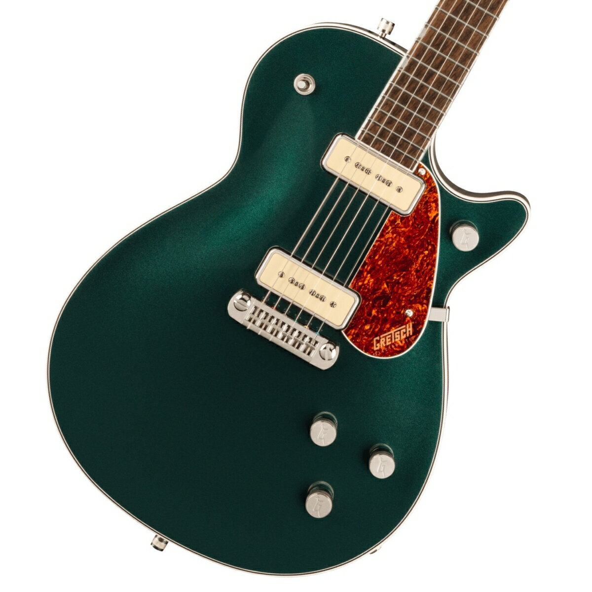 GretschエレクトロマチックNEWモデル！ Electromatic Jetは、無駄を一切排除した、完璧でピュア、そしてパワフルなGretschギターです。 大胆でダイナミック、そして明瞭なグレッチ本来のサウンド、洗練されたスタイリング、そして快適な演奏性を備えた、ワンランク上の楽器を求めるプレイヤーに最適な楽器です。 G5210-P90 Electromatic Jet Two 90 Single-Cut with Wraparound Tailpieceは、Jetのパワーと機能性をそのままに、お求めやすい驚くべき価格でご提供します。主な特徴 ・力強いサウンドと優れた音響バランスを実現するメイプルトップのチェンバードマホガニーボディ ・低めにセッティングされたThin “U”マホガニーネック ・12インチラジアスローレル指板、22本のミディアムジャンボフレットとパーロイドNeo-Classicサムネイルインレイ ・新開発のP-90E Single-Coilピックアップを搭載 ・トレブルブリード回路付きマスターボリューム、マスタートーン、各ピックアップのボリュームコントロール ・調整可能なラップアラウンドテイルピース ・ニッケルハードウェア【メイプルトップのチェンバードマホガニーボディ】 チェンバードマホガニーボディにメイプルトップを備え、豊かなローミッドと、滑らかで存在感のあるハイエンドを実現。【新開発のP-90Eピックアップ】 P-90E Single-Coilピックアップが、ワイドでバランスのとれた透明感のあるトーンを生み出し、厚みのあるアグレッシブなオーバードライブから澄み渡るクリーントーンまで、優れた明瞭度とトーンバランスを実現。【多彩なコントロール】 各ピックアップのボリュームコントロール、マスタートーン、トレブルブリード回路付きマスターボリュームとを備え、直感的なサウンド設計が可能です。 ※画像はサンプルです。 製品仕様 Body Material MahoganyBody Finish GlossNeck Mahogany, Thin “U”Neck Finish Foto Flame &#40;593&#41;, Gloss &#40;546, 548, 570&#41;Fingerboard Laurel, 12” &#40;305 mm&#41;Frets 22, Medium JumboPosition Inlays Pearloid Neo-Classic Thumbnail &#40;Laurel&#41;Nut &#40;Material/Width&#41; Synthetic Bone, 1.6875” &#40;42.86 mm&#41;Tuning Machines Die-Cast SealedScale Length 24.6” &#40;625 mm&#41;Bridge Adjustable Wrap-AroundPickguard Tortoise with Gold Gretsch LogoPickups P-90E Single-Coil &#40;Bridge&#41;, &#40;Middle&#41;, P-90E Single-Coil &#40;Neck&#41;Pickup Switching 3-Position Toggle: Position 1. Bridge Pickup, Position 2. Bridge And Neck Pickups, Position 3. Neck PickupControls Volume 1. &#40;Neck Pickup&#41;, Volume 2. &#40;Bridge Pickup&#41;, Master Volume, Master ToneControl Knobs G-ArrowHardware Finish NickelStrings Nickel Plated Steel &#40;.010-.046 Gauges&#41;Case/Gig Bag Gig Bag