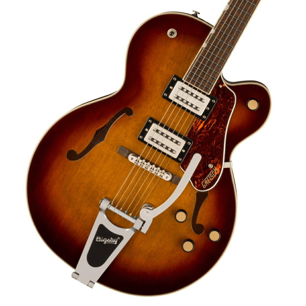 グレッチ、ストリームライナーがさらにパワーアップ！ リフレッシュされたStreamliner Collectionは、Gretschギターの輝かしい過去の要素を再訪し、エキサイティングな新機能と組み合わせることで、優れたパフォーマンス、サウンド、スタイルを驚くべき価値で提供します。 G2420T Streamliner Hollow Body Single-Cut with Bigsbyは、高次元のサウンドとパフォーマンスを求める現代のギタリストのために設計されています。 G2420Tはモダンなサウンド、最新のエレクトロニクス、正真正銘のエレガントなスタイリングをフィーチャーし、”That Great Gretsch Sound!”を体現する、大胆なプレイヤーの欲求を満たすギターです。 主な特徴 ・新開発のBroad’Tron BT-3Sハムバッカーを搭載 ・フルホロウ構造のアーチドメイプルボディは、豊かな響きと深いレゾナンス、スケール感のあるビッグボディサウンドを実現 ・Soft “C”シェイプのナトーネック ・12インチラジアスローレル指板、パーロイドNeo Classicサムネイルインレイ、22本のミディアムジャンボフレットを採用 ・ボーンナット ・マスターボリューム、マスタートーン、各ピックアップのボリュームコントロールにより、柔軟なトーン設計が可能 ・マスターボリュームにPush/Pullコイルスプリット機能を内蔵 ・ラジオコントロールノブ ・固定式ローレルベース付きAdjusto-Maticブリッジ ・Bigsby B60ヴィブラートテイルピース ・3-plyべっ甲柄ピックガード ・ニッケルハードウェア ハイライト アーチドメイプルホロウボディG2420T Streamliner Hollow Body Single-Cut with Bigsbyは、豊かな響きと深いレゾナンス、スケール感のあるビッグボディサウンドを実現するパラレルトーンバーを備えたフルホロウ構造のアーチドメイプルボディを採用しています。 新開発のBroad’Tron BT-3SピックアップG2420Tは、新開発のBroad’Tron BT-3Sピックアップを搭載しています。アルニコ5とアルニコ2を組み合わせたマグネットを採用し、力強いミッドレンジ、タイトでふくよかなローエンド、スムーズでクリアなハイエンドがバランス良く得られ、音楽的な響きを放つピックアップです。 コイルスプリットによる多彩なコントロールStreamlinerのパワフルなサウンドは、ネックとブリッジピックアップのボリュームコントロール、マスタートーンコントロール、マスターボリュームコントロール、3ウェイピックアップスイッチングという伝統的なコントロールレイアウトによって引き出されます。 マスターボリュームコントロールにPush/Pullポットを内蔵することでコイルスプリットが可能となり、シングルコイルサウンドに切り替えることが可能です。 すでに強力なサウンドパレットにさらなるトーンオプションが得られます。 ※画像はサンプルです。 製品仕様 Body Material Laminated MapleBody Finish GlossNeck Nato, Soft “C”Neck Finish GlossFingerboard Laurel, 12” &#40;305 mm&#41;Frets 22, Medium JumboPosition Inlays Pearloid Neo-Classic Thumbnail &#40;Laurel&#41;Nut &#40;Material/Width&#41; Bone, 1.6875” &#40;42.86 mm&#41;Tuning Machines Die-Cast SealedScale Length 24.75” &#40;629 mm&#41;Bridge Adjusto-MaticPickguard 3-Ply Tortoise with Gold Gretsch LogoPickups Broad’Tron BT-3S &#40;Bridge&#41;, &#40;Middle&#41;, Broad’Tron BT-3S &#40;Neck&#41;Pickup Switching 3-Position ToggleAuxiliary Switching Push/Pull Pot &#40;for Coil Split&#41;Controls Volume 1. &#40;Neck Pickup&#41;, Volume 2. &#40;Bridge Pickup&#41;, Master Tone, Master Volume with Push/Pull for Coil SplitControl Knobs Gretsch Radio KnobHardware Finish NickelStrings Nickel Plated Steel &#40;.010-.046 Gauges&#41;Case/Gig Bag Softcase