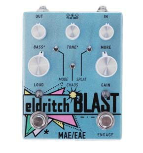 EAE x MAEのコラボレーション！"ELDRITCH BLAST" が限定発売。 アメリカ・ボストンを拠点とするペダルブランド、Electronic Audio Experiments (EAE)。プラグインした瞬間に確かに感じられる、抒情的でエモーショナルな質感は他のペダルブランドとは全く一線を画しており、その唯一無二のフィーリングを求めてここ日本でも支持がじわじわと広がってきています。ビルダーのJohn Snyderはポストロック、ハードコア、エモといったジャンルのサウンドに強いシンパシーがあるようで、EAEのデバイスによって形作られるサウンドは激しさと切なさが共存する独特の雰囲気を持っています。 そんなEAEから"Eldritch Blast"が到着！直販のみ、限定数のリリースですが日本向けにも少量確保できました。Electronic Audio ExperimentsとMask Audio Electronics (MAE)の共同開発で届けられる、スペシャルなデバイスです。 Eldritch Blastはハイゲインオクターブ/インターモジュレーションが渦巻く爆裂系ブラストファズ。ユニークなトランジスタ回路から、破裂し吐き捨てるようなスプラッタ・オクターブアップを生成。ヘヴィなリフや複雑なコードプレイを非常にタッチセンシティブに表現できます。更に追加のフットスイッチで制御できるアクティブEQで、外界の神々を呼び起こすにふさわしい邪悪なハイゲイントーンを生みます。/p＞ Eldritch Blastは"ilovefuzz.com"に夜な夜な集まる全ての全てのサーキットベンドされたイカれたファズ、そしてDevi Everへのオマージュから始まりました。Devi EverのビッグなコレクターでもあるMask Audio Electronics (MAE)とチームを組み、EAE初期から暖めていたファズペダルのコンセプトを研ぎ澄ませた結果、何者とも比較できないスペシャルなファズデバイスが誕生したのです。/p＞ 最新バージョンであるVer3ではChaosトグルスイッチの機能が更に強化されています。ローからハイへのオシレーション、不規則なリズムやグリッチ、奇妙なアルペジオ、その他まだ発見されていない奇怪なサウンドが貴方を待っています。 ■コントロール ●GAIN: 入力へのゲインと低域を制御します。上げるとゲインとサウンドの分厚さが増します。 ●More: オクターブ回路へのシグナル量を制御します。インターモジュレーションの質感やフィーリングを変化させます。 ●Tone: 高域と中域に同時に作用するアクティブ・ピークフィルター。＊スイッチがオンのときのみ有効です。 ●Bass: 100Hz周辺を中心とするアクティブ・ピークフィルター。＊スイッチがオンのときのみ有効です。 ●Volume: 音量を調整します。 ●Splat: トランジスタ回路のダイナミクスとゲート感を変更。スムースなキャラクターから強烈で飛び散るようなアーティファクトへ変化。 ●Mode: オクターブ回路のトランジスタを変更し、テクスチャやサチュレーション感を変化。 ●Chaos: オシレーションを有効、呻き、叫び、金切り声、グリッチや不安定なトレモロなど、あらゆるカオティックなサウンドを創出。 ●＊フットスイッチ: EQのオンオフ。 ●フットスイッチ: ペダルのオンオフ。 ■スペック ●リレースイッチング、トゥルーバイパス ●Input impedance @ 1 Khz: 220kΩ ●Output impedance @ 1 Khz: 1kΩ ●Power: 9V DC, 2.1 mmセンターマイナス、80mA。レギュレート、アイソレートされた100mA以上のパワーサプライを推奨。電池駆動はできません。 Eldritch Blastの基本のサウンドは破裂するような過剰なゲートが掛かりまくるファズペダル。ですが全てのコントロールは内部で干渉し合うので、そこから達成できるサウンドはかなり広大です。ゲインは同時に低域の分厚さも制御するため、ローゲインではカミソリのようにジャグリーなリズムトーンに。オクターブ回路のゲイン（のようなもの？）を制御するMoreノブを組み合わせると、立体感のある複雑で入り組んだ巨大なファズトーンを楽しめます。 そして何より驚いたのは、まさにあの、「Devi Ever」のフィーリングが感じられたことです。やりすぎなまでのゲイン、ガラガラとしたゲート。無機質ささえ感じられる容赦のないノイズ。そしてChaosスイッチで繰り出される、奇怪なサウンドの数々。Devi Everでしか味わえなかったフィーリングを完全に継承しつつ、よりオルタナティヴに更に推し進めています。間違いなく現代のファズ名機として今後語り継がれる逸品です。 ※画像はサンプルです。