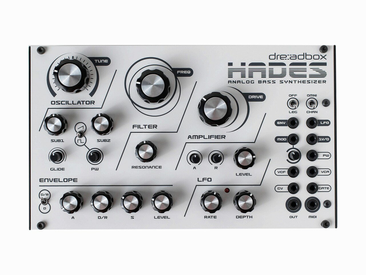 Analog Bass Synthesizer 製品概要 Hades Reissue（ハデス・リイシュー）は、シンプルな操作でディープなベース・サウンドを作り出すことができる、セミモジュラー・アナログ・モノフォニック・シンセサイザーです。2016年版の Hades の回路設計を引き継ぎ、アナログ・シンセサイザーの暖かく深みのあるサウンドを、新たにデザインされたコンパクトな筐体に収めました。 お手持ちの MIDI キーボードを接続すればすぐに演奏を始めることができ、最小限のコントロールで求めるサウンドを素早く手に入れることができます。また11箇所のパッチポイントを備えており、Hades 内でのパッチングはもちろん、他のユーロラック・モジュラー・シンセサイザーとの接続も可能です。 手頃な価格ながらも本格的なサウンドを手に入れることができ、あなたの音楽に豊かな低音をもたらすでしょう。 特徴 ベース・サウンドの作成に特化した最小限のコントロール Hades は、最小限のコントロールで強力なベース・サウンドを作成することができます。 オシレーター・セクションには、1基のオシレーターと2基のサブ・オシレーターを搭載。メインのオシレーターはノコギリ波とパルス波が選択することができ、パルス幅の調整も可能です。2基のサブ・オシレーターはそれぞれ1オクターブ下、2オクターブ下の音程を加えることができ、ローエンドを強化します。 フィルターには、3ポール18dB/Oct のレゾナント OTA ローパスフィルターを採用。フィルターの後段には OTA ドライブ回路が搭載されており、歪みを加えてアグレッシブなサウンドを作成できます。 AD/RS (ディケイ、リリースタイム共通) エンベロープと AR アンプ・エンベロープが用意されており、フィルターのカットオフと音量を個別にコントロール可能です。また、パッチングにより使用可能な LFO も搭載しており、単調なサウンドに動きを加えることができます。 音作りの可能性を広げる11箇所のパッチポイント Hades には、マスター出力と MIDI 入力を含む11箇所のパッチポイントが用意されています。これにより、エンベロープや LFO、MIDI キーボードのモジュレーション・ホイールで、ピッチやフィルターのカットオフをコントロールすることができます。 また、Hades をケースから取り外してユーロラック・フォーマットのモジュラー・システムに組み込むこともでき、パッチポイントを最大限に活用することが可能です。 製品仕様 ファットなサウンドを提供するアナログ・オシレーター ローエンドを強化するサブ・オシレーターを2基搭載 3ポール18dB/Oct のレゾナント OTA ローパスフィルターを採用 アグレッシブなサウンドのための OTA ドライブ回路 CV 出力：AD/RS エンベロープ、LFO、Mod Wheel、1V/Oct CV 入力：PW、カットオフ、VCA、CV、Gate 接続 USB 給電 (1.5W) 20,000 mA のポータブル・バッテリーで約50時間駆動可能 DIN MIDI - Mini TRS アダプタを使用して MIDI キーボードを接続 モノラル TS ジャック出力 外形寸法幅 : 21.5cm奥行き : 13cm高さ : 6.5cm重量0.9Kg付属品日本語マニュアル、DIN MIDI - Mini TRS アダプタ (Type-A)、リボン・ケーブル