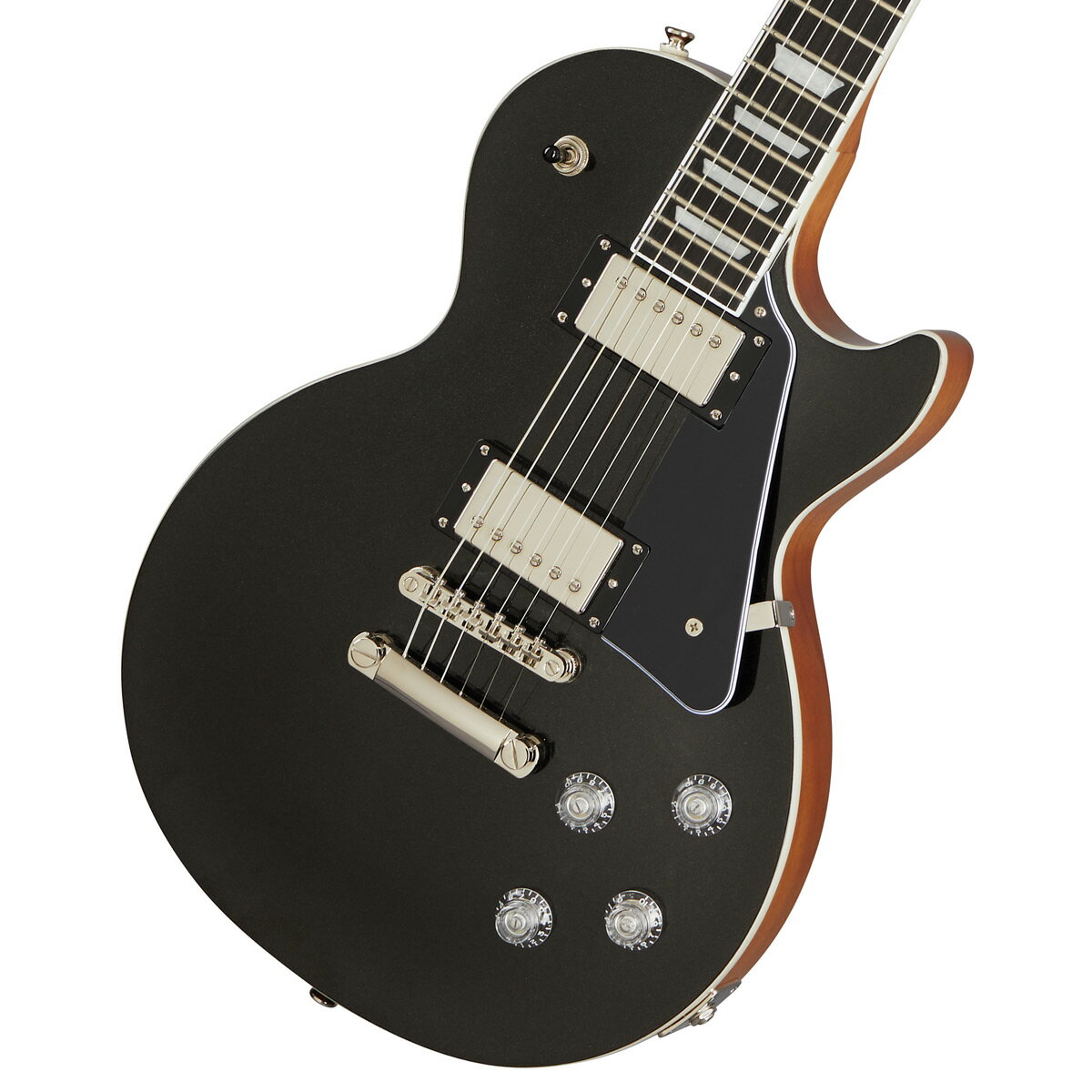 EPIPHONE最新ラインナップ！ Epiphone Inspired by Gibsonとして新たに展開を始めたエピフォンからレスポールが新発売。 現代的なヒール加工を施したボディと握りやすい非対称ネックシェイプを採用。 ハイ・パワーな出力を可能とするプロバッカー2/3・ピックアップを搭載し、Gibson直系のメタリック・フィニッシュが特徴的なモダンモデルです。 グローバーロックペグやグラフテックナットなど拘りのパーツセレクトが光ります。※画像はサンプルです。杢目は1本1本異なります。仕様は予告なく変更される場合がございますので予めご了承くださいませ。 ■付属品：ソフトケース、Epiphoneユーザー登録カード ※ご購入後、同梱されるユーザー登録カードに必要事項をご記入の上、15日以内にギブソン・ジャパンへご郵送下さい。ユーザー登録したご本人に限り、メーカー規定の故障に対して、無期限での保証が提供されます。 製品仕様 Body Material Mahogany Top Plain Maple Back Mahogany with Ultra Modern Weight Relief Neck Material Mahogany Profile Asymmetrical SlimTaper with Modern contoured heel Scale Length 24.75" Fingerboard Material Ebony Fingerboard Radius 12" Number Of Frets 22 Frets Medium Jumbo Nut Material Graph Tech NuBone Nut Width 1.693" Inlays Trapezoid Hardware Finish Nickel Tuner Plating Nickel Bridge LockTone ABR Tailpiece Stopbar Tuning Machines Grover Locking Rotomatic with Tulip Buttons 18:1 ratio Pickguard 1-Ply; Black PVC Control Knobs Clear Top Hats with Ridge Neck Pickup ProBucker 2 humbucker w/coil-splitting Bridge Pickup ProBucker-3 humbucker w/coil-splitting Controls 2 Volumes &#40;w/2 Push/Pull Coil-Tap&#41;, 2 Tones &#40;1 Push/Pull Phase&#41; Strings .10, .13, .17, .26, .36, .46